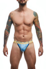 Blue patterned malebasics hipster jockstrap briefs with yellow waistband featuring male basics branding