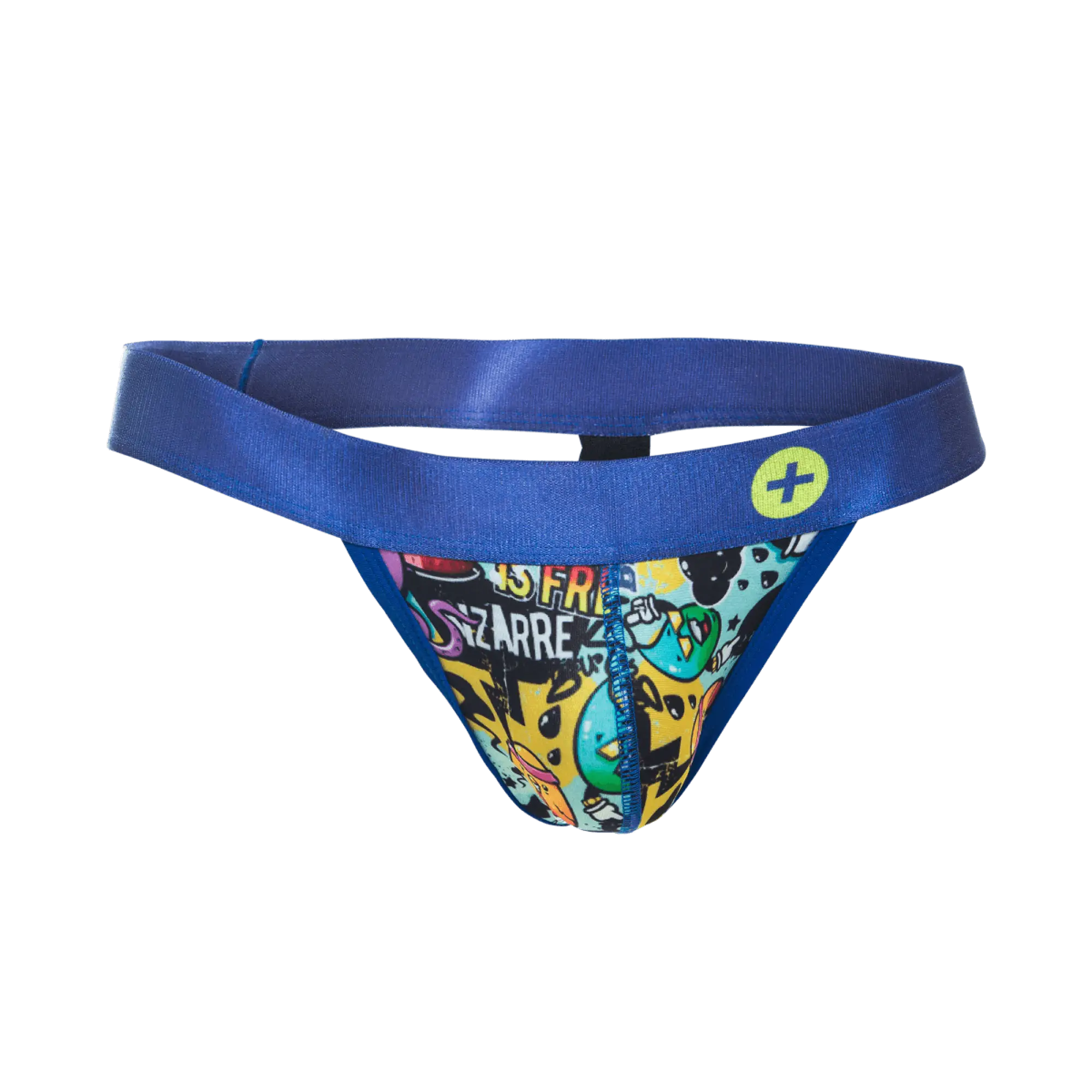 Malebasics hipster jockstrap blue thong with vibrant graffiti print in yellow black and teal colors front view