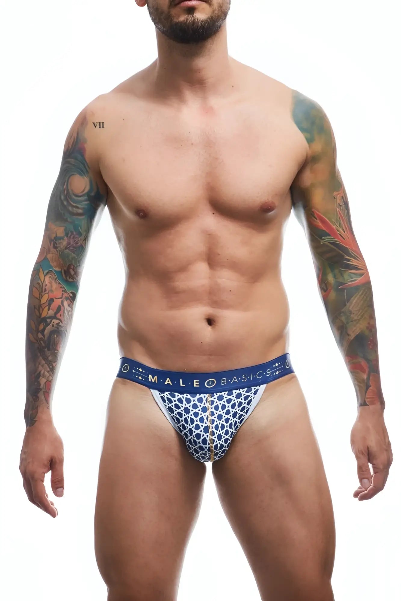 Malebasics hipster jockstrap blue and white patterned male briefs with geometric design front view