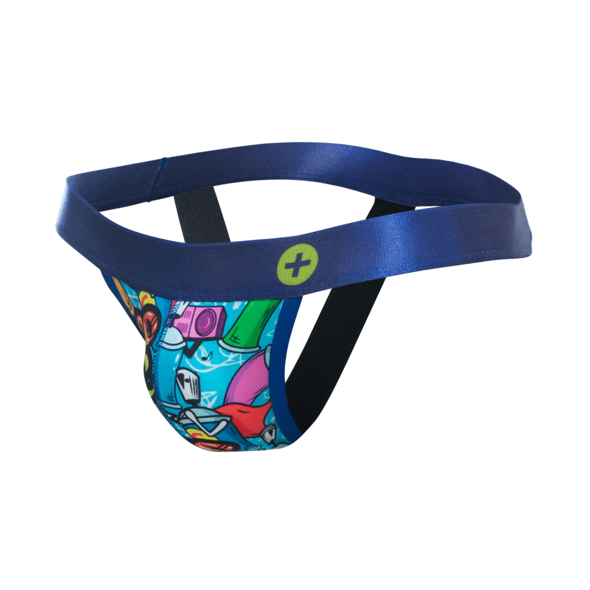 Malebasics hipster jockstrap comics blue athletic supporter with vibrant graffiti print and cartoon characters