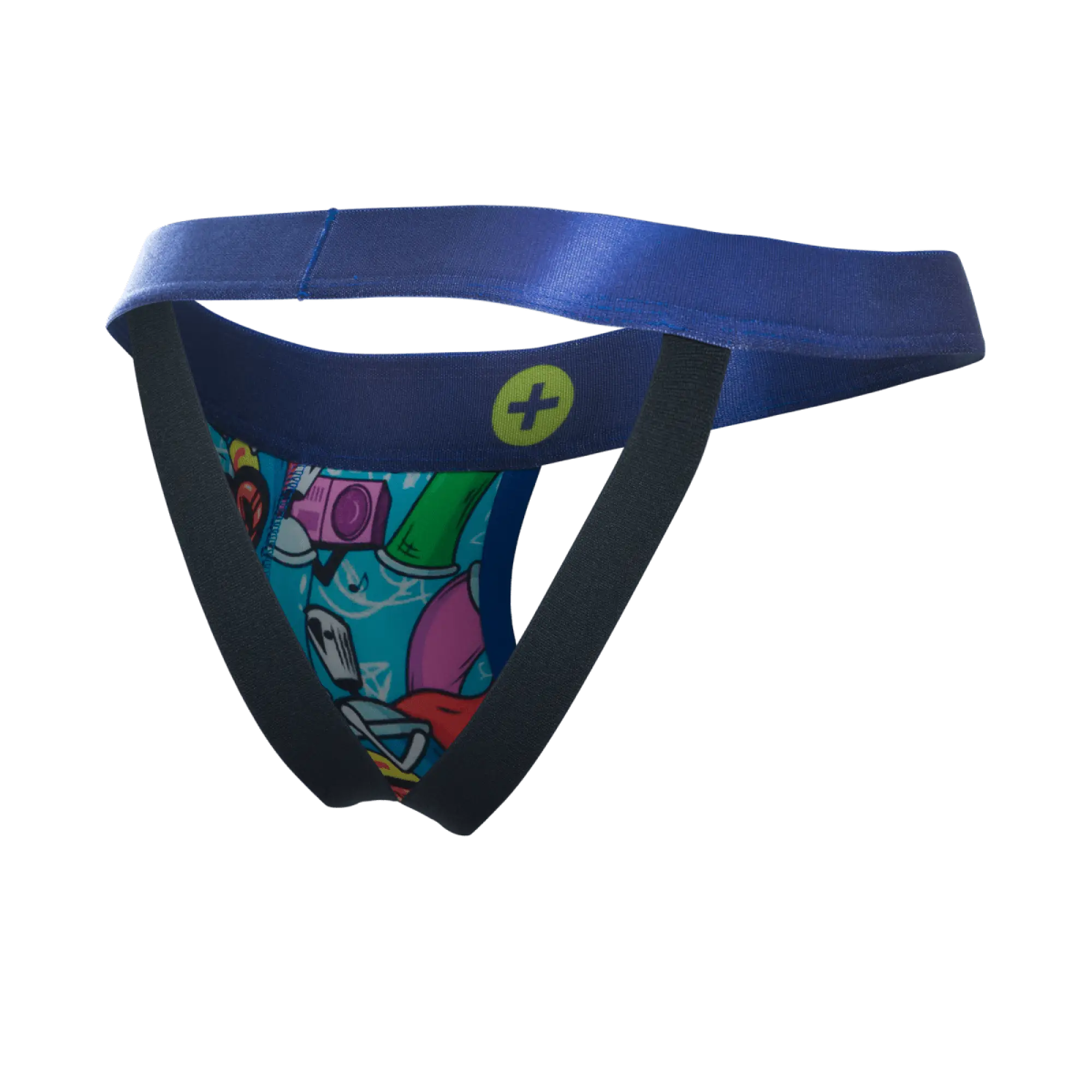 Malebasics hipster jockstrap comics in blue and black with vibrant cartoon-themed graphic print on athletic briefs