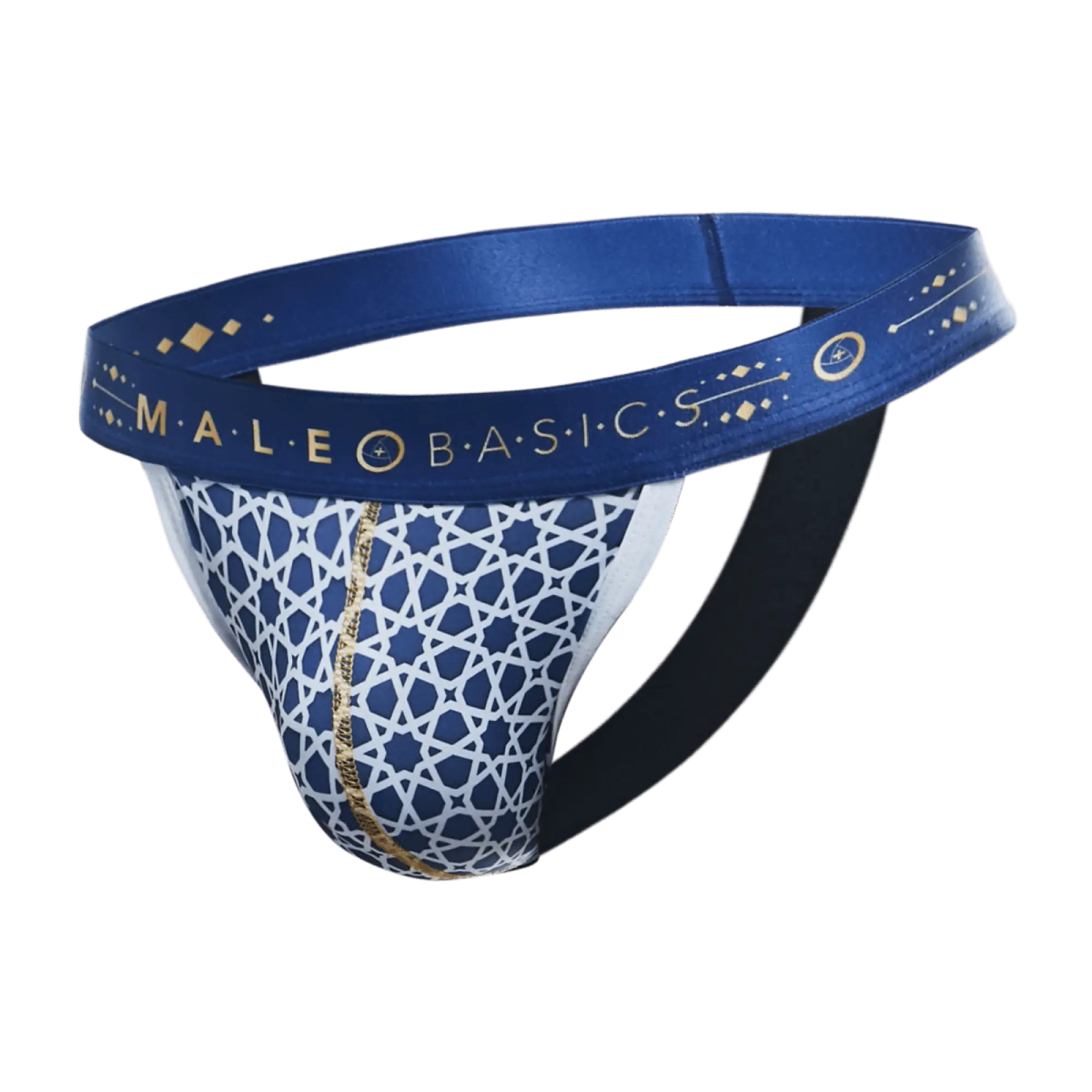 Malebasics hipster jockstrap comics in blue and white patterned briefs with gold trim for comfortable support