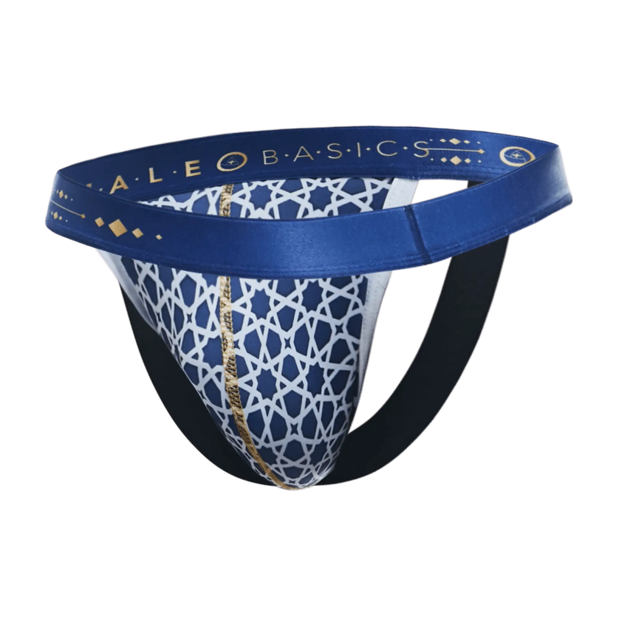 Blue and white patterned malesbasics hipster jockstrap briefs with gold trim and geometric design on the front