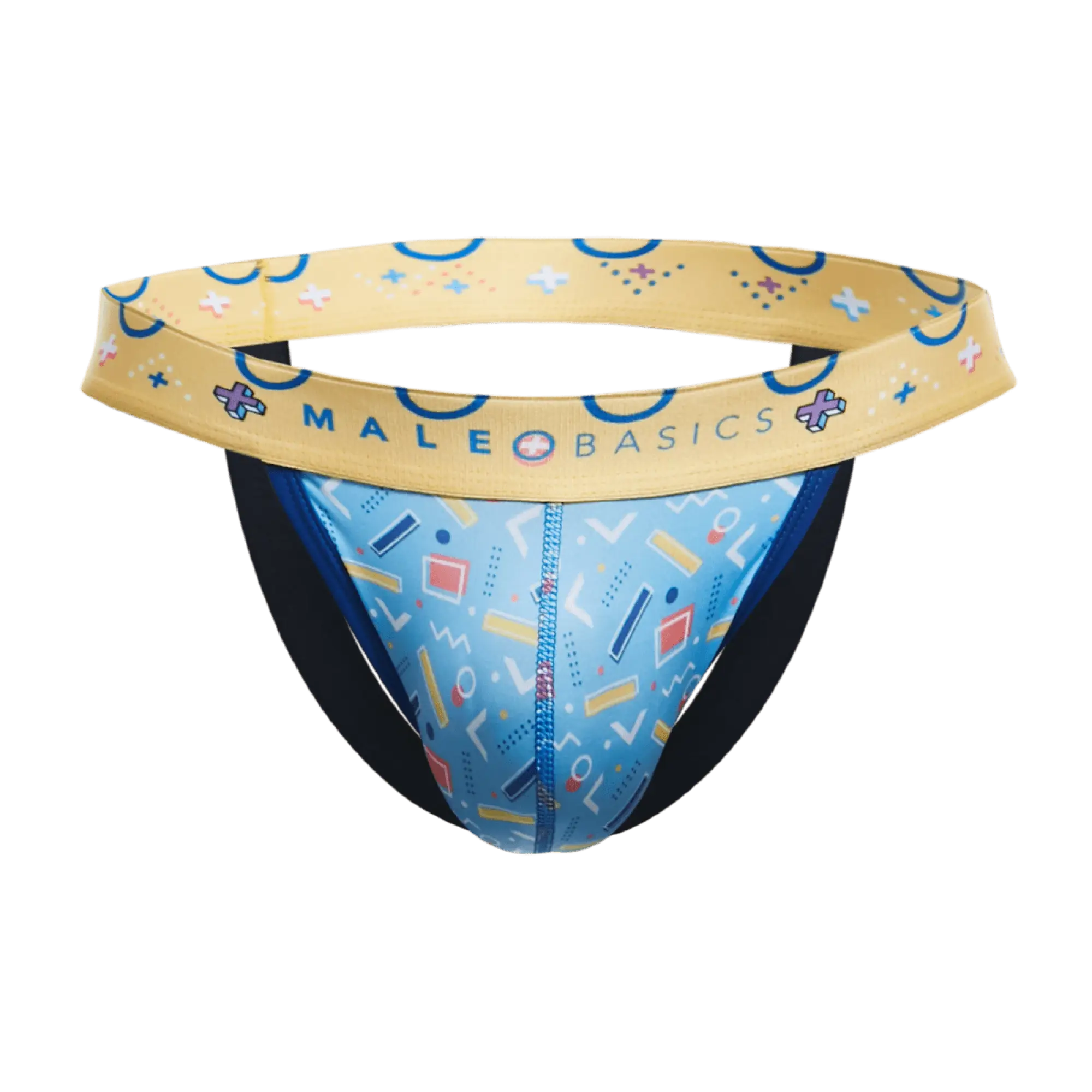 Malebasics hipster jockstrap comics with blue and yellow geometric patterned athletic briefs for active wear