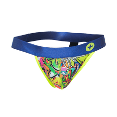 Malebasics hipster jockstrap comics vibrant graffiti pattern with bold blue waistband and neon yellow trim