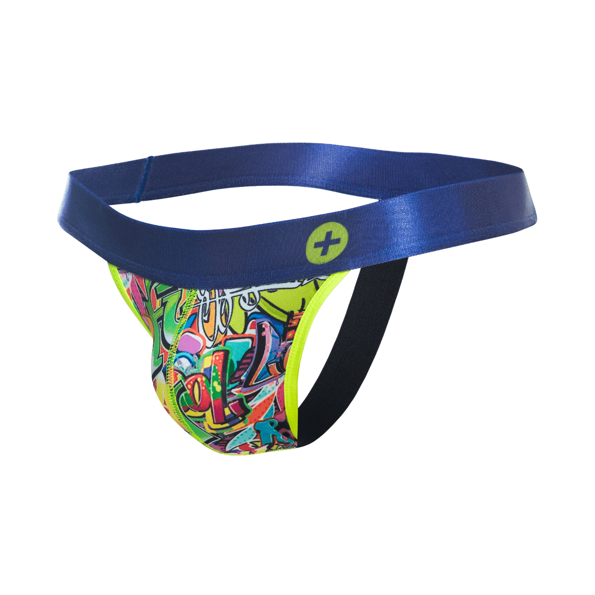 Malebasics hipster jockstrap comics with vibrant graffiti pattern shiny blue waistband and neon yellow trim