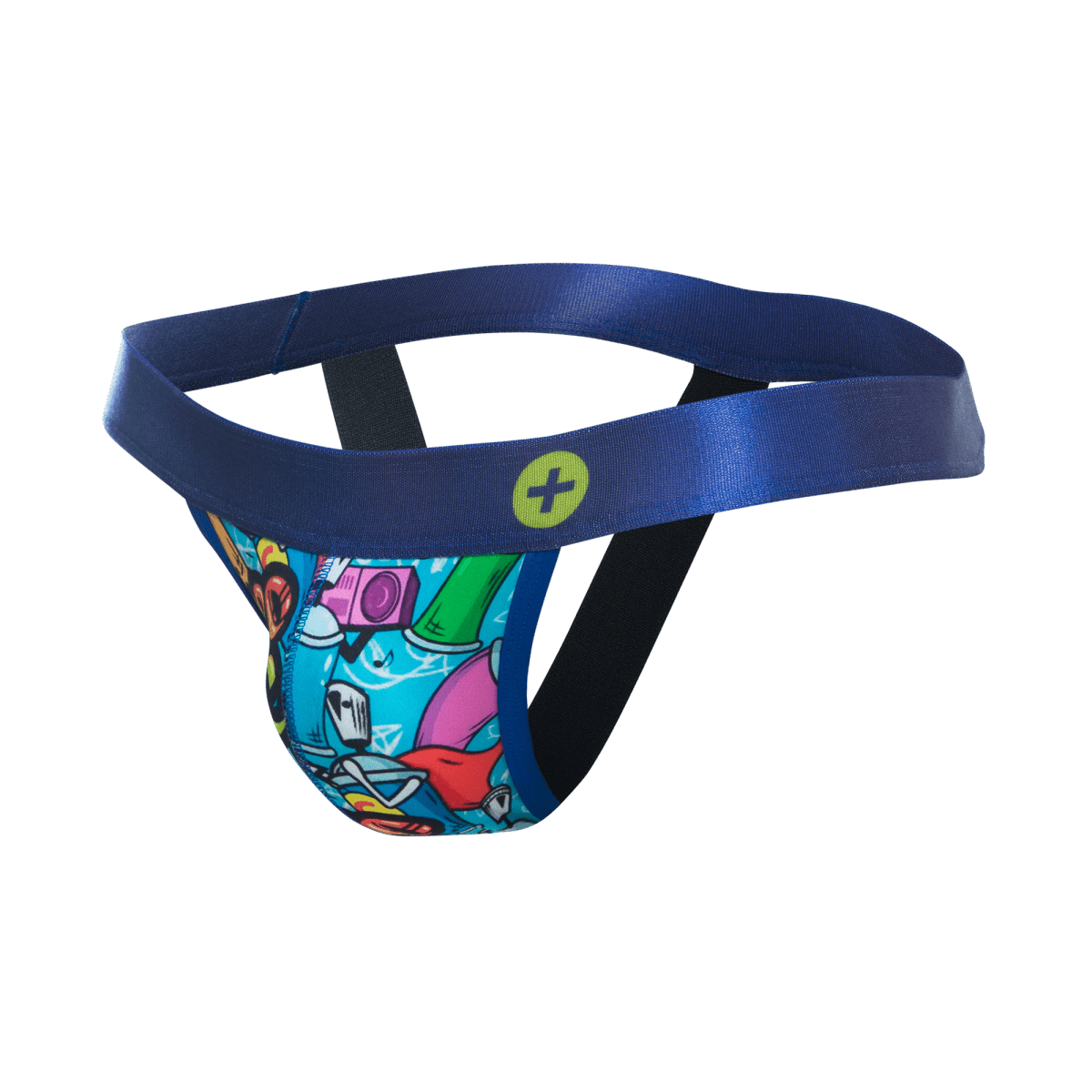 MaleBasics hipster jockstrap with vibrant blue graffiti print featuring pink green red and yellow cartoon characters