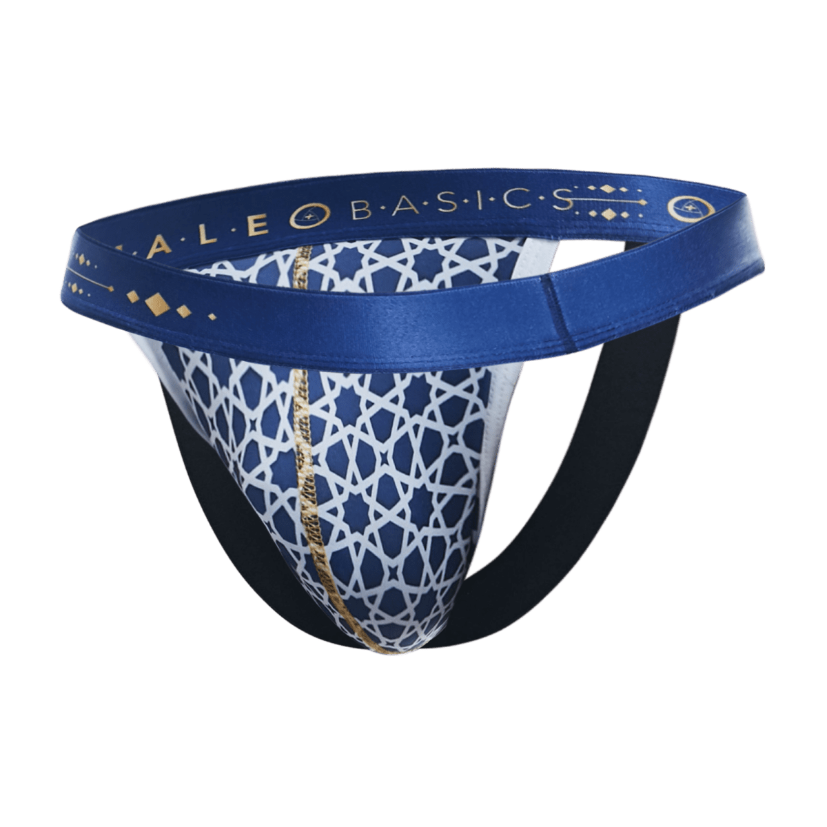 Blue and white patterned malesbasics hipster jockstrap briefs with gold trim and geometric design on the front