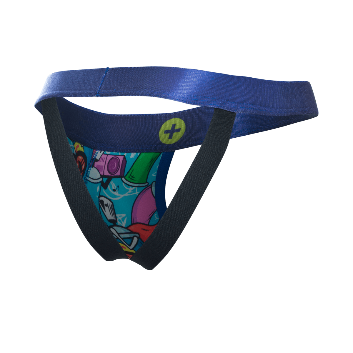 Malebasics hipster jockstrap comics featuring blue and black athletic briefs with vibrant cartoon graphic print