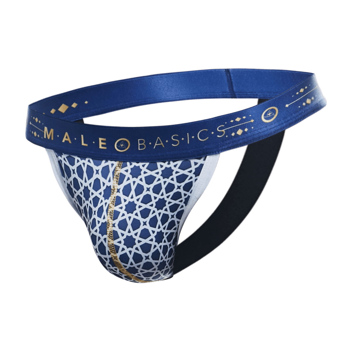 Male basics hipster jockstrap comics with blue and white patterned briefs and gold trim for comfortable support