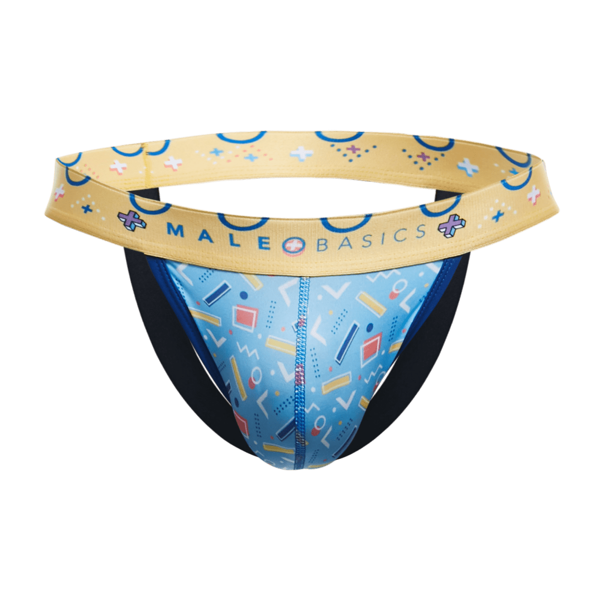 Male basics hipster jockstrap comics with blue and yellow geometric patterned athletic briefs for active wear