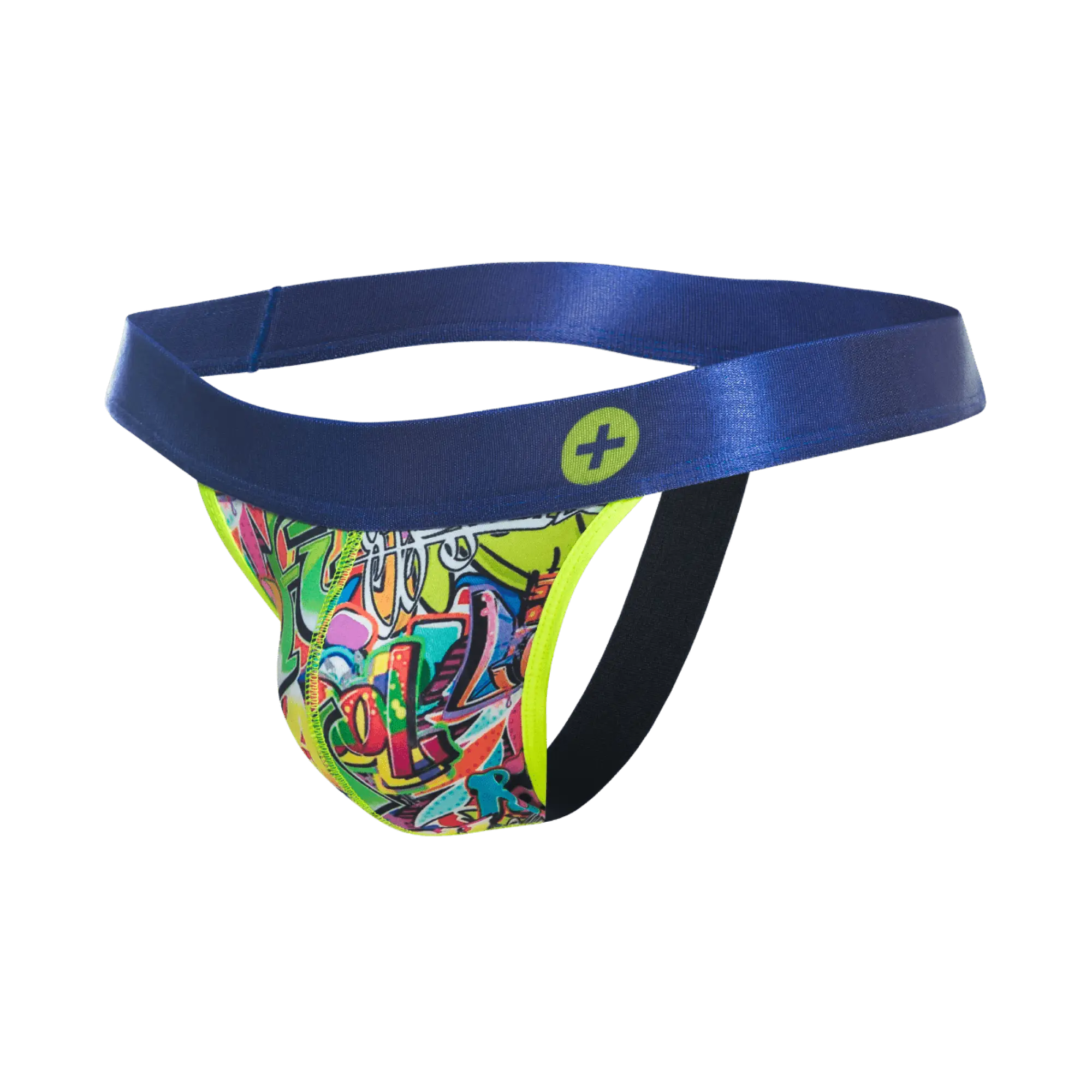 Malebasics hipster jockstrap comics with vibrant graffiti pattern, shiny blue waistband, and neon yellow trim