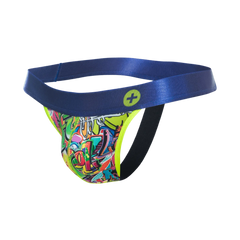 Malebasics hipster jockstrap comics with vibrant graffiti pattern, shiny blue waistband, and neon yellow trim