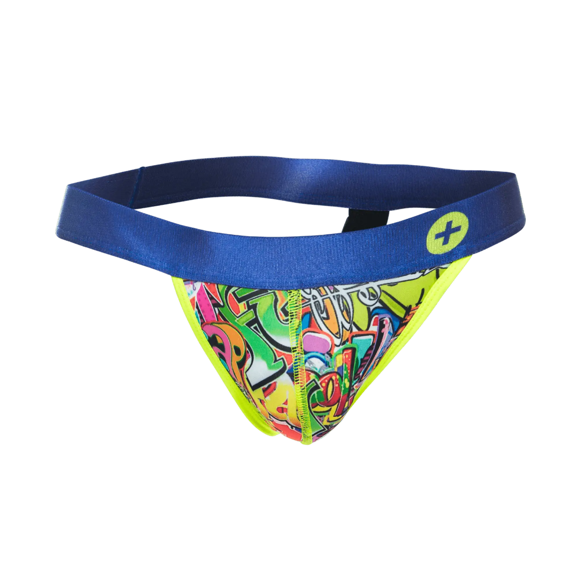 Malebasics hipster jockstrap comics with vibrant graffiti pattern bold blue waistband and neon yellow trim visible from back