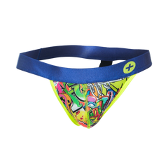 Malebasics hipster jockstrap comics with vibrant graffiti pattern bold blue waistband and neon yellow trim visible from back side