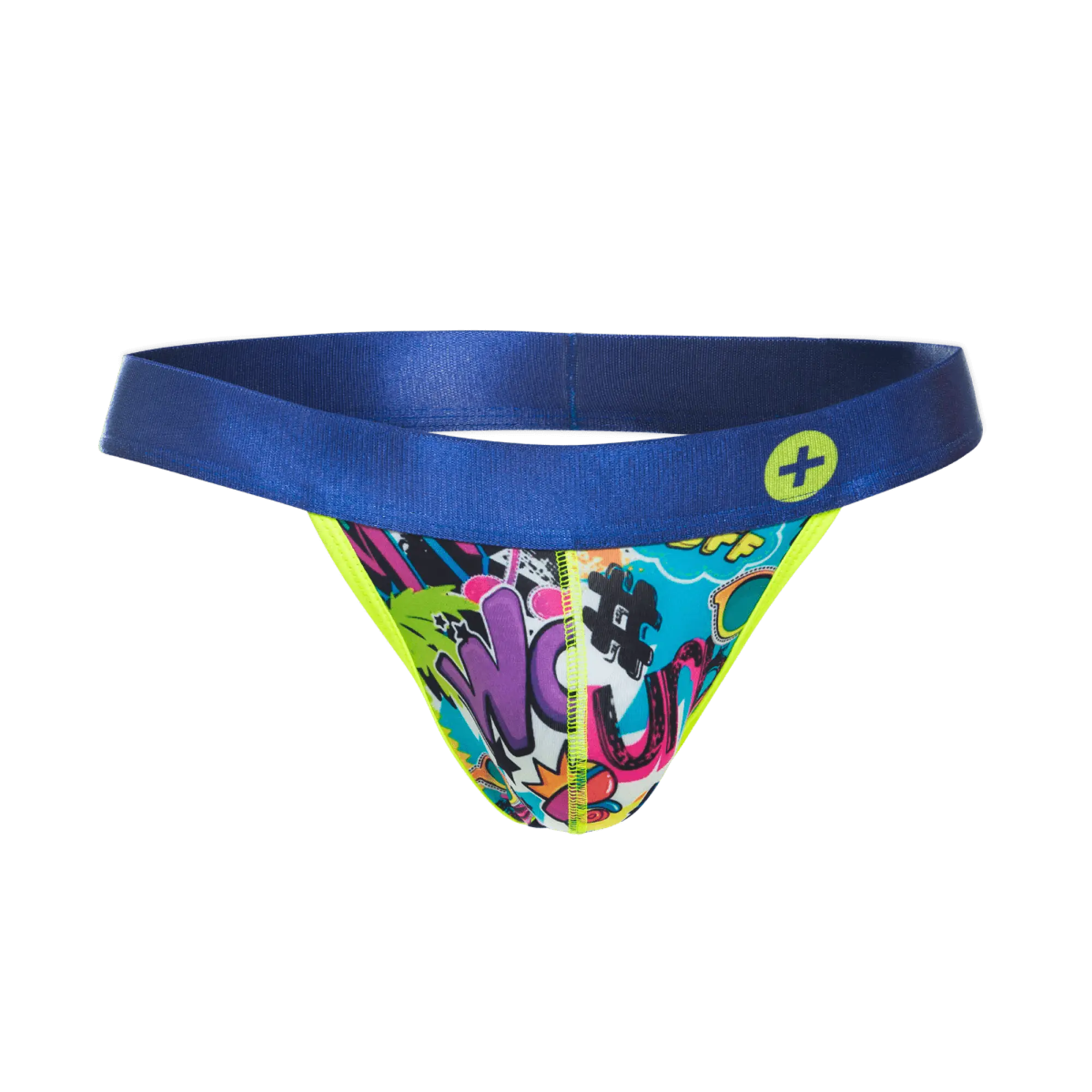 Malebasics hipster jockstrap with vibrant graffiti print, solid blue waistband, and neon yellow trim for bold style