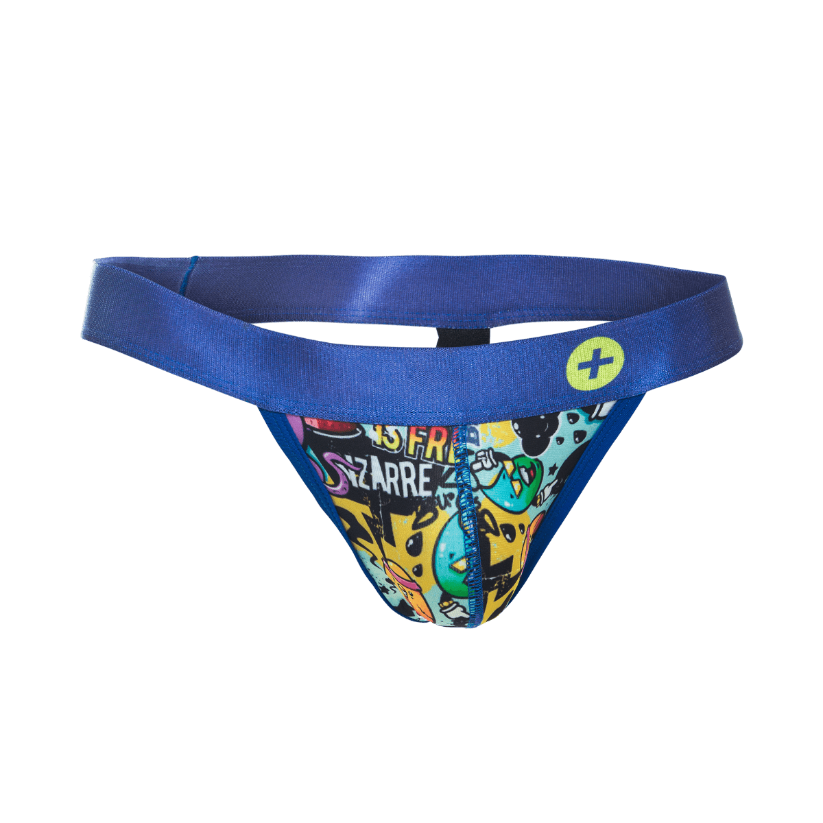 Malebasics hipster jockstrap comics in blue with vibrant yellow black and teal graffiti style print front view