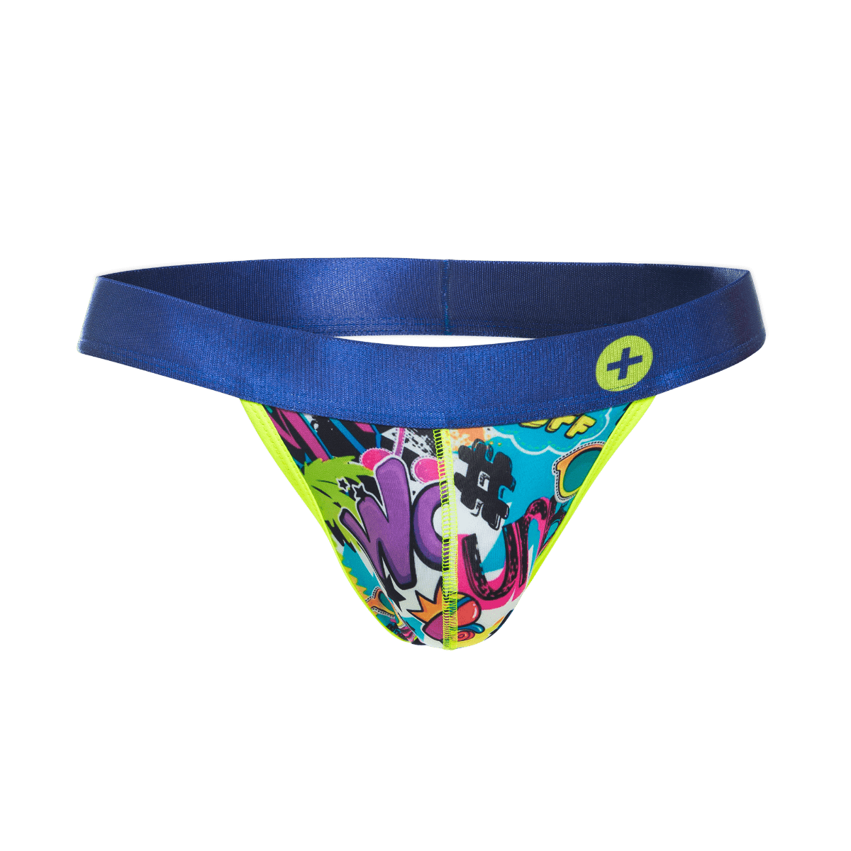 Malebasics hipster jockstrap with vibrant graffiti print, solid blue waistband, and neon yellow trim for bold style