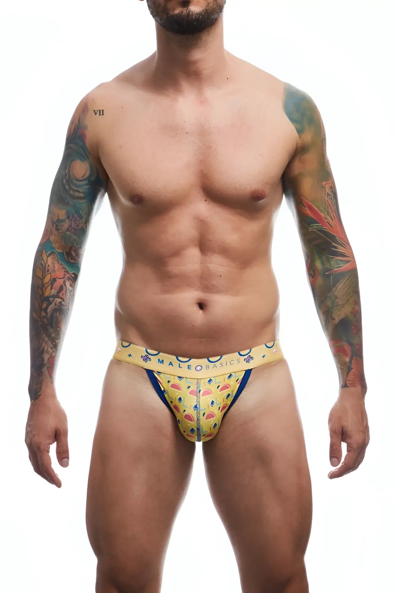 Malebasics hipster jockstrap in yellow and blue patterned fabric with tropical fruit design men’s briefs style