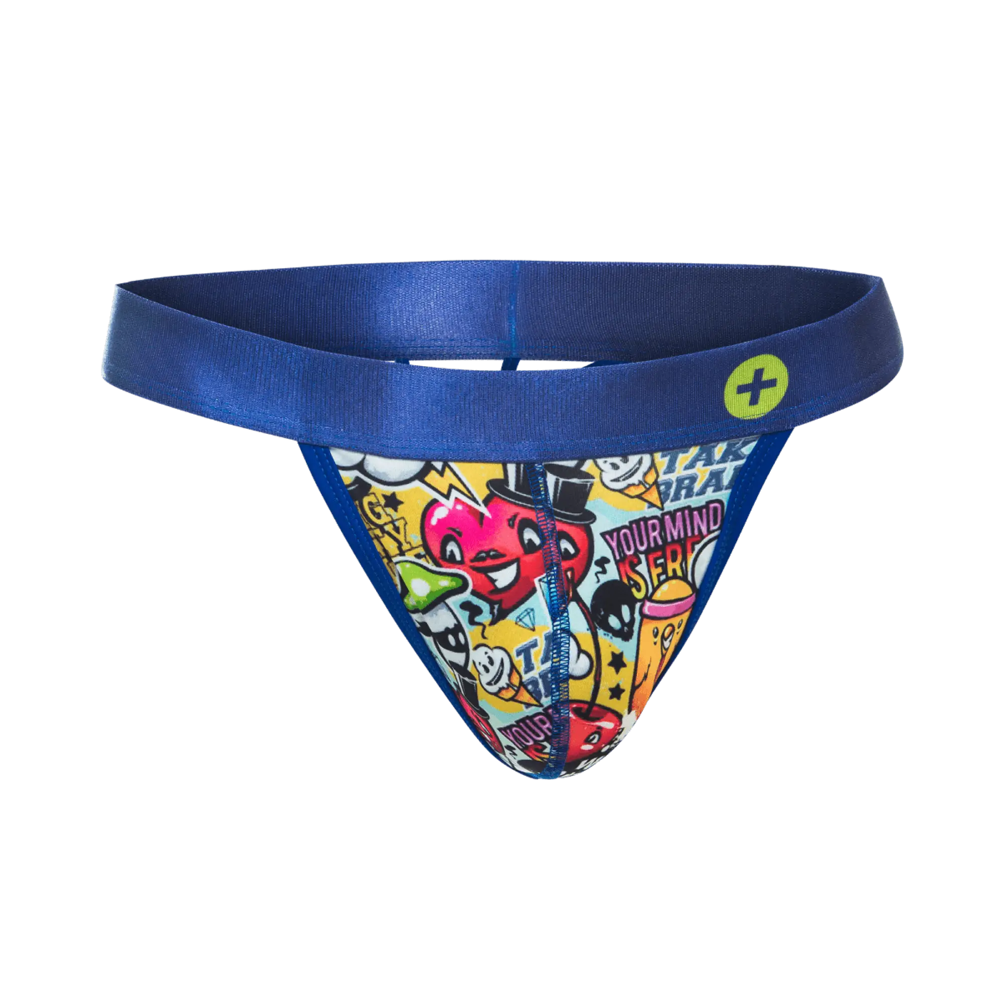 Blue malebasics hipster thong with vibrant cartoon-themed print and text on yellow background