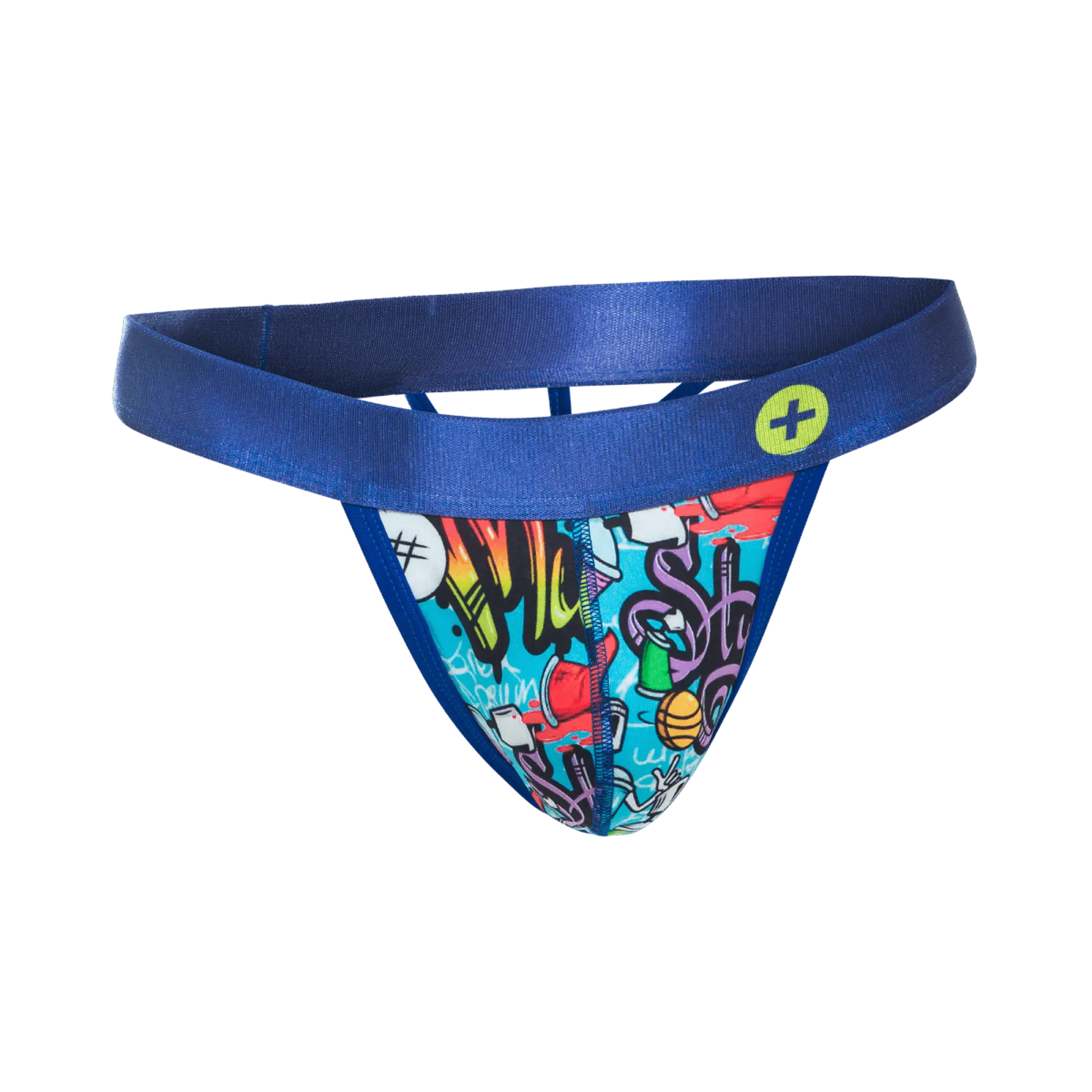 Malebasics hipster thong comics blue thong with vibrant graffiti graphics and satin waistband with yellow logo