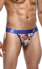 Malebasics hipster thong comics with vibrant cartoon graphics and a shiny blue waistband for men