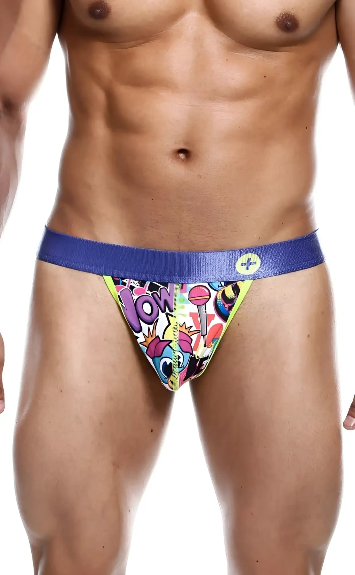 Malebasics hipster thong comics with vibrant comic-style prints and a bold blue waistband for men