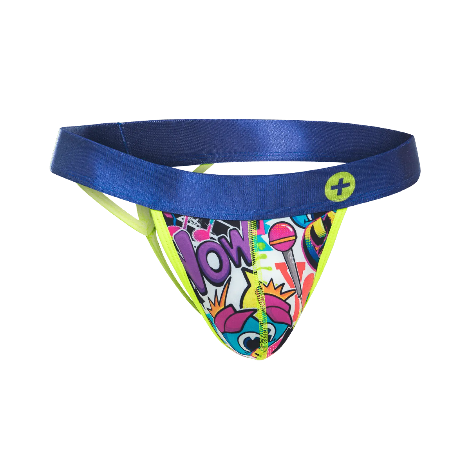 Malebasics hipster thong comics with vibrant comic-style print, satin blue waistband, and neon yellow trim