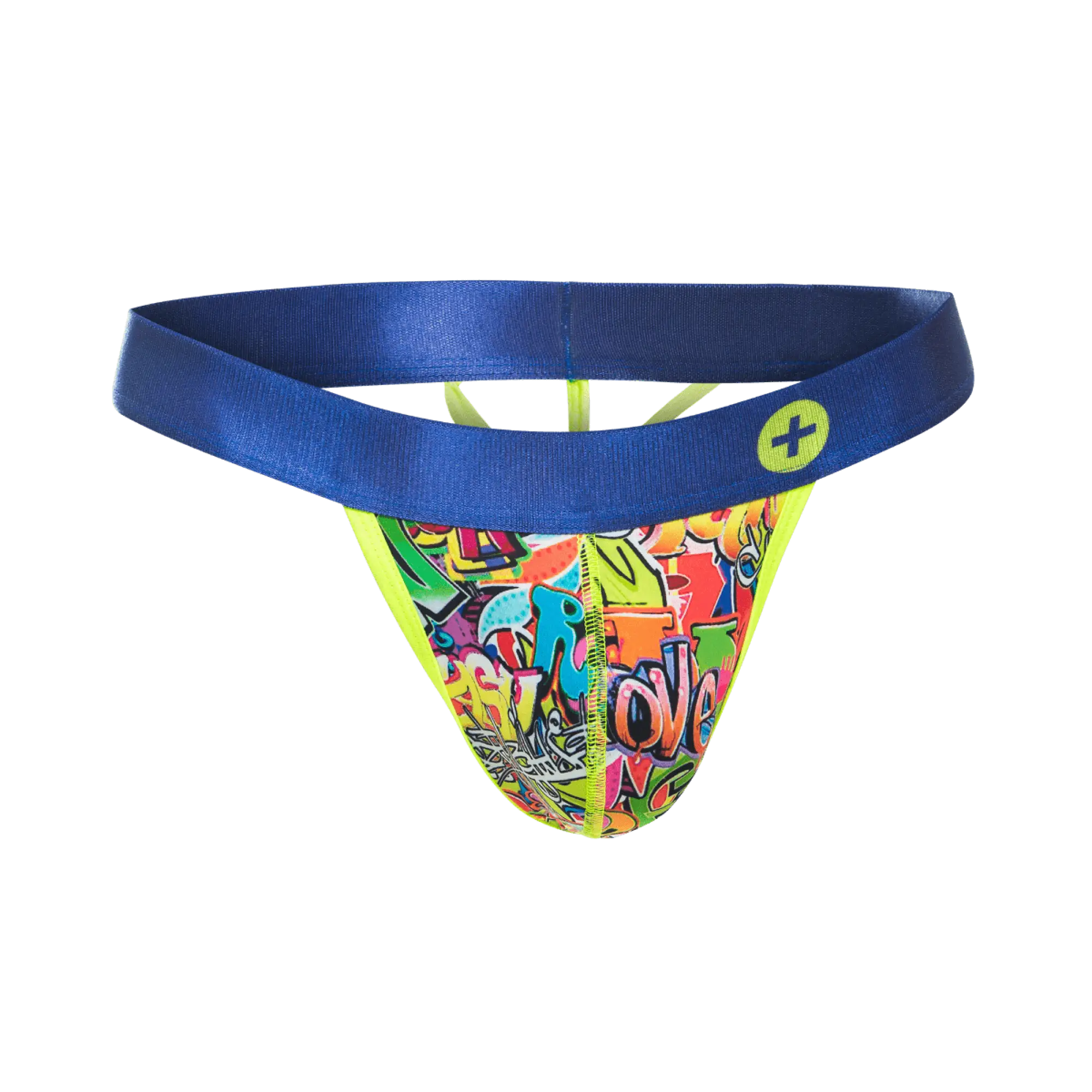 Malebasics hipster thong comics with vibrant graffiti pattern bold blue waistband and neon yellow trim