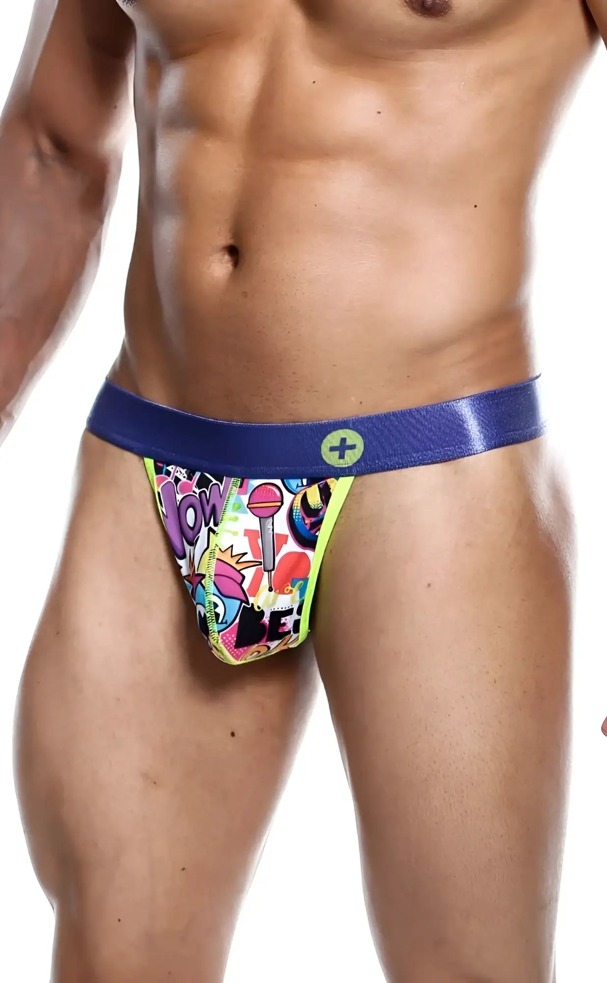 Malebasics hipster thong comics with vibrant graffiti style print bold blue waistband and neon yellow trim