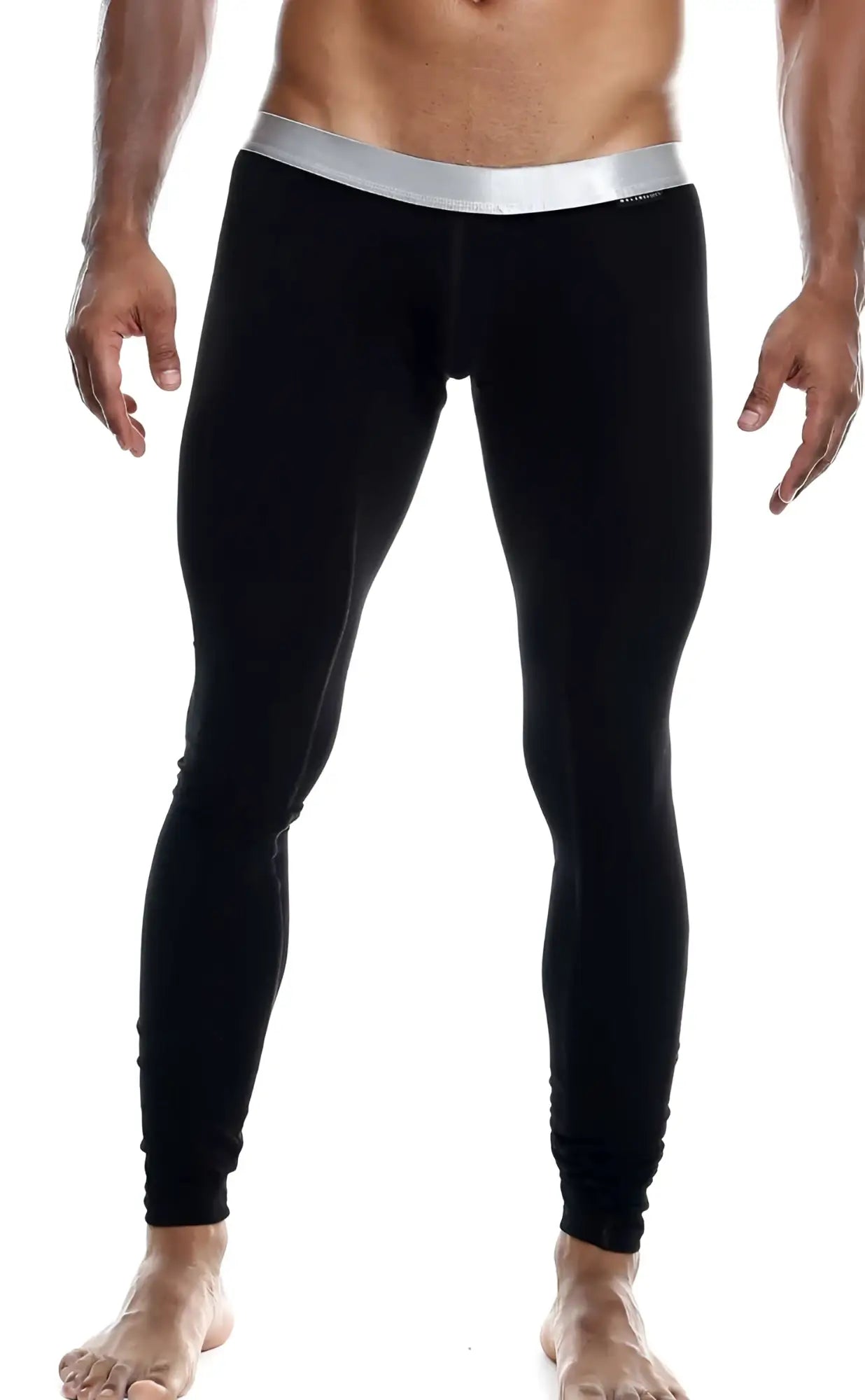 Black form-fitting long john pima leggings with silver waistband by malebasics made from soft pima cotton