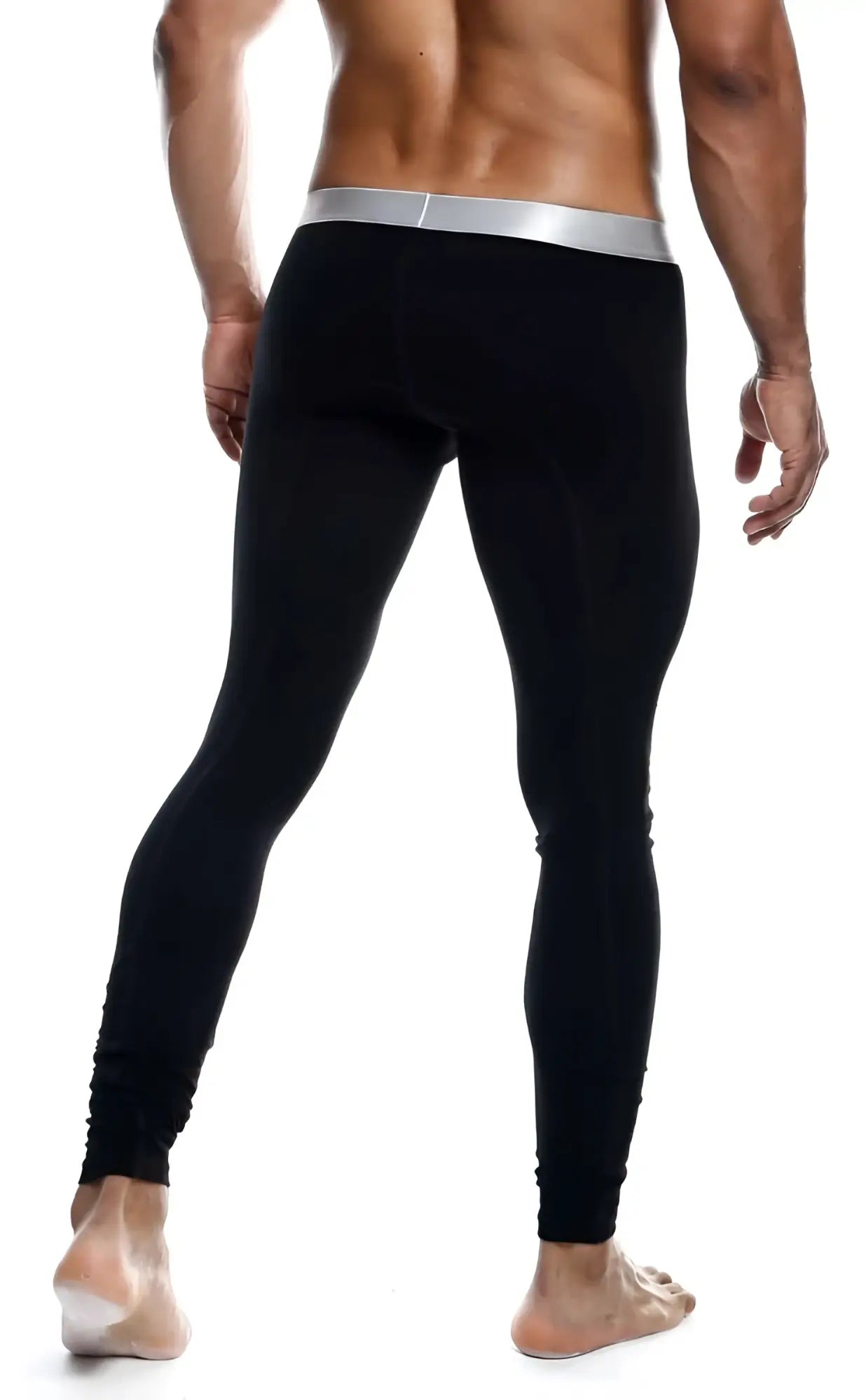Black form-fitting MaleBasics long john pima leggings with a silver waistband made from soft pima cotton