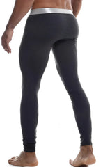 Black form-fitting malebasics long john pima leggings with a silver waistband made from soft pima cotton