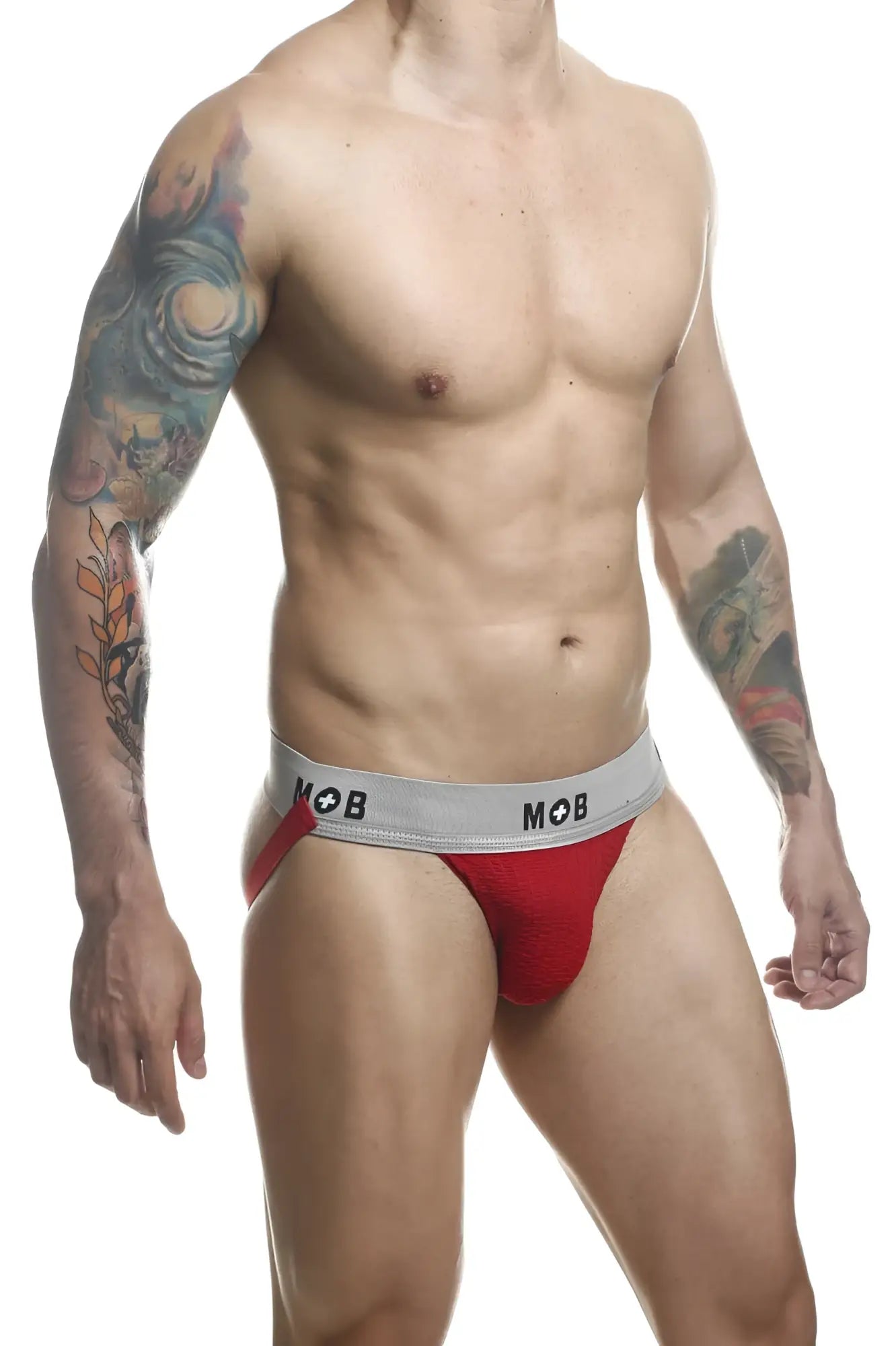 Red malebasics mbl107 mob classic fetish jock brief with gray waistband and mob logo for athletic use