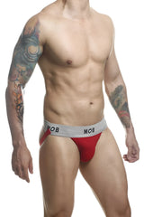 Red malebasics mbl107 mob classic fetish jock brief with gray waistband and mob logo for athletic use