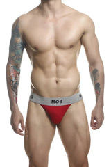 Red malebasics mbl107 mob classic fetish jockstrap with gray waistband and mob logo in red athletic briefs design