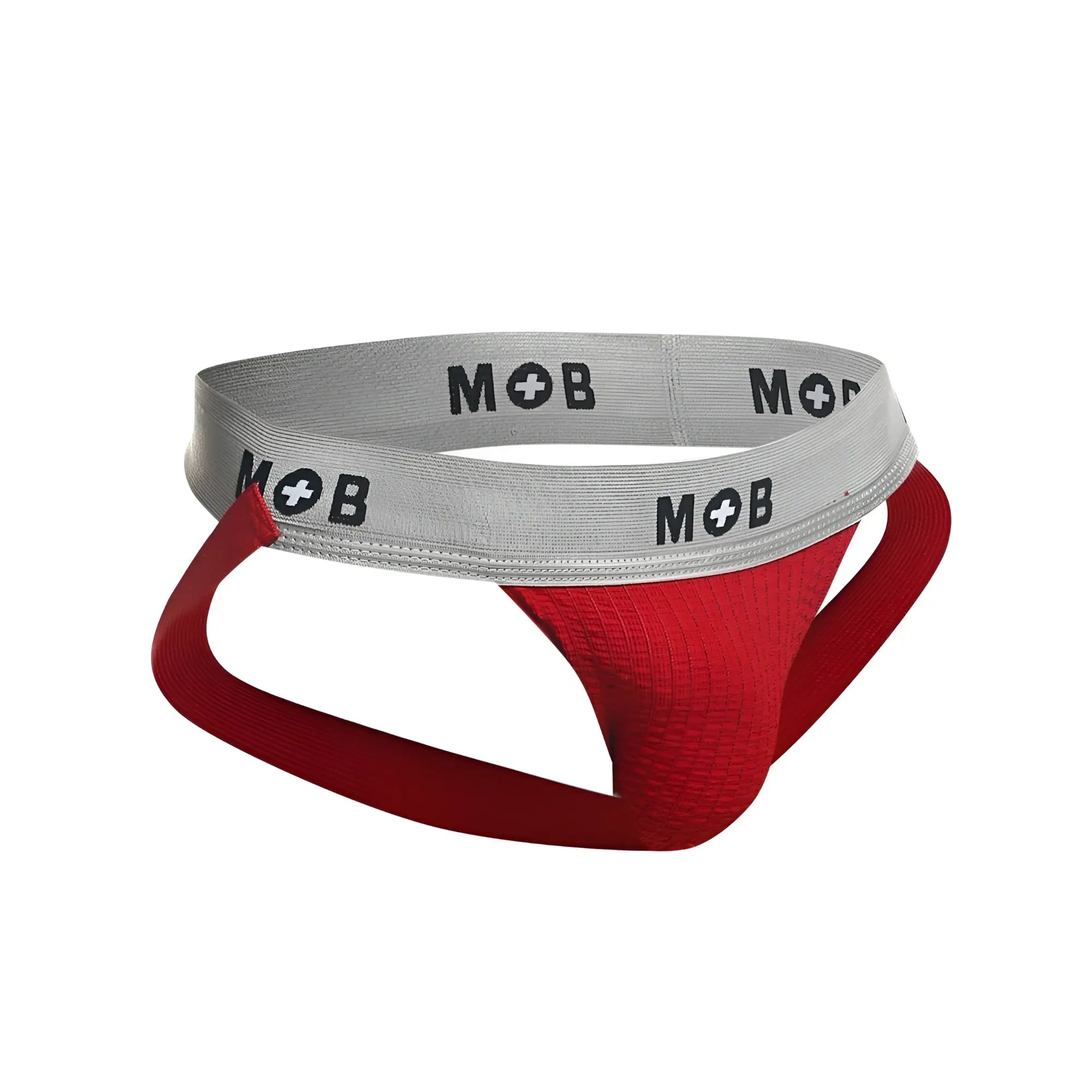MaleBasics MBL107 mob classic fetish jockstrap in red with gray elastic waistband and black mob logo