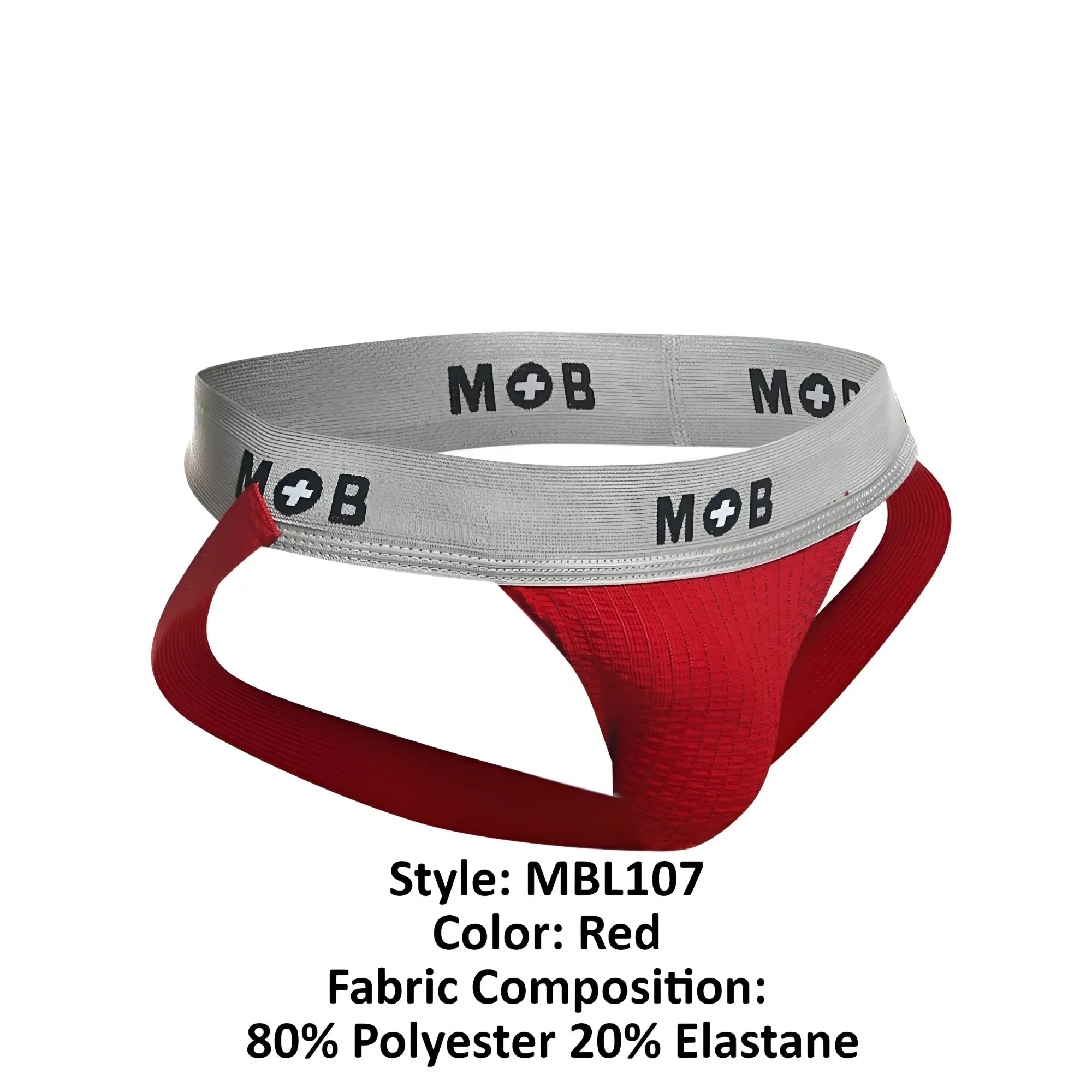 Red malebasics mbl107 mob classic fetish 3 inch jockstrap with gray waistband and black mob branding