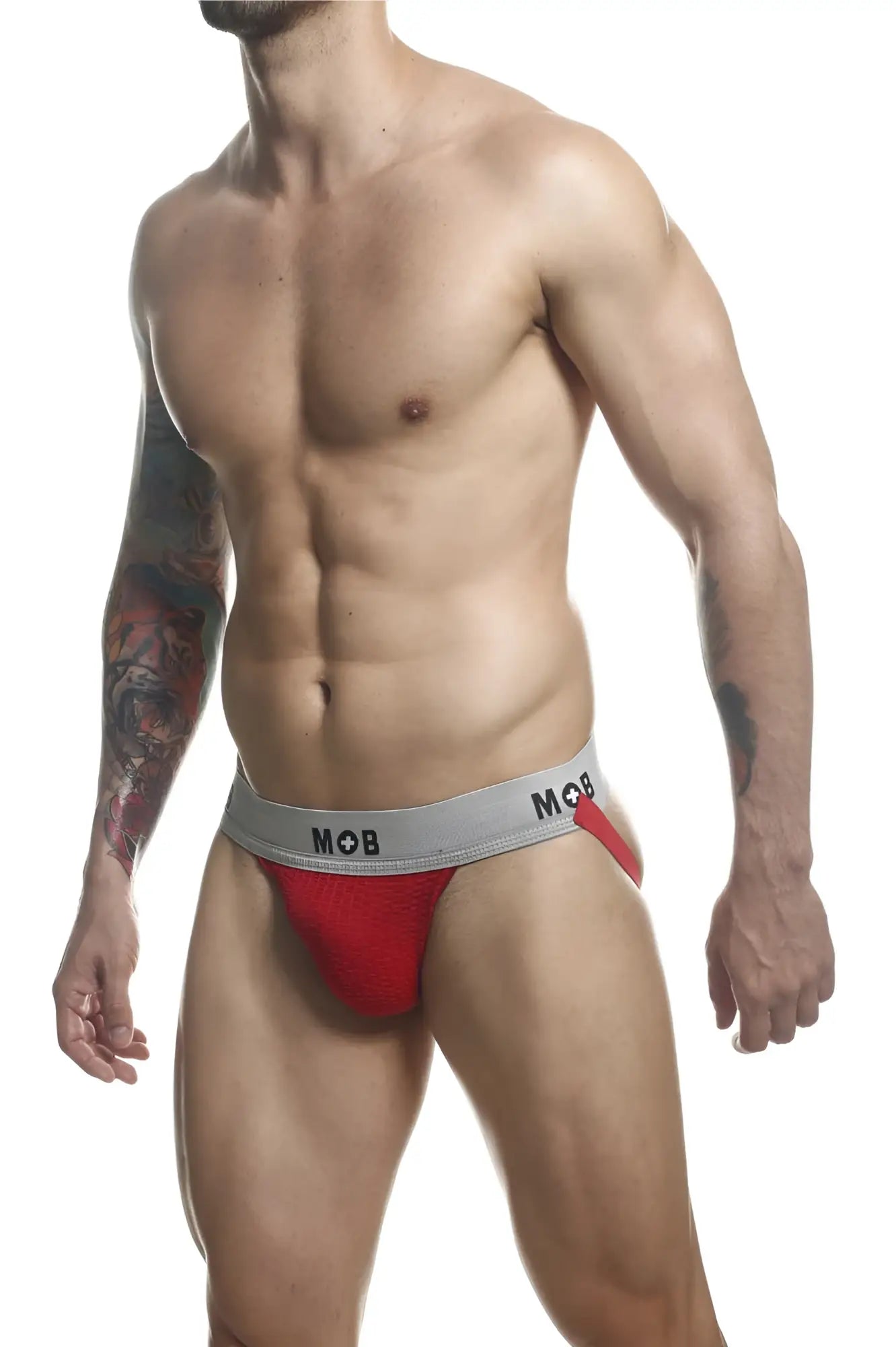 Red and gray malebasics mob classic fetish jockstrap briefs with snug fit and 3-inch waistband in red color