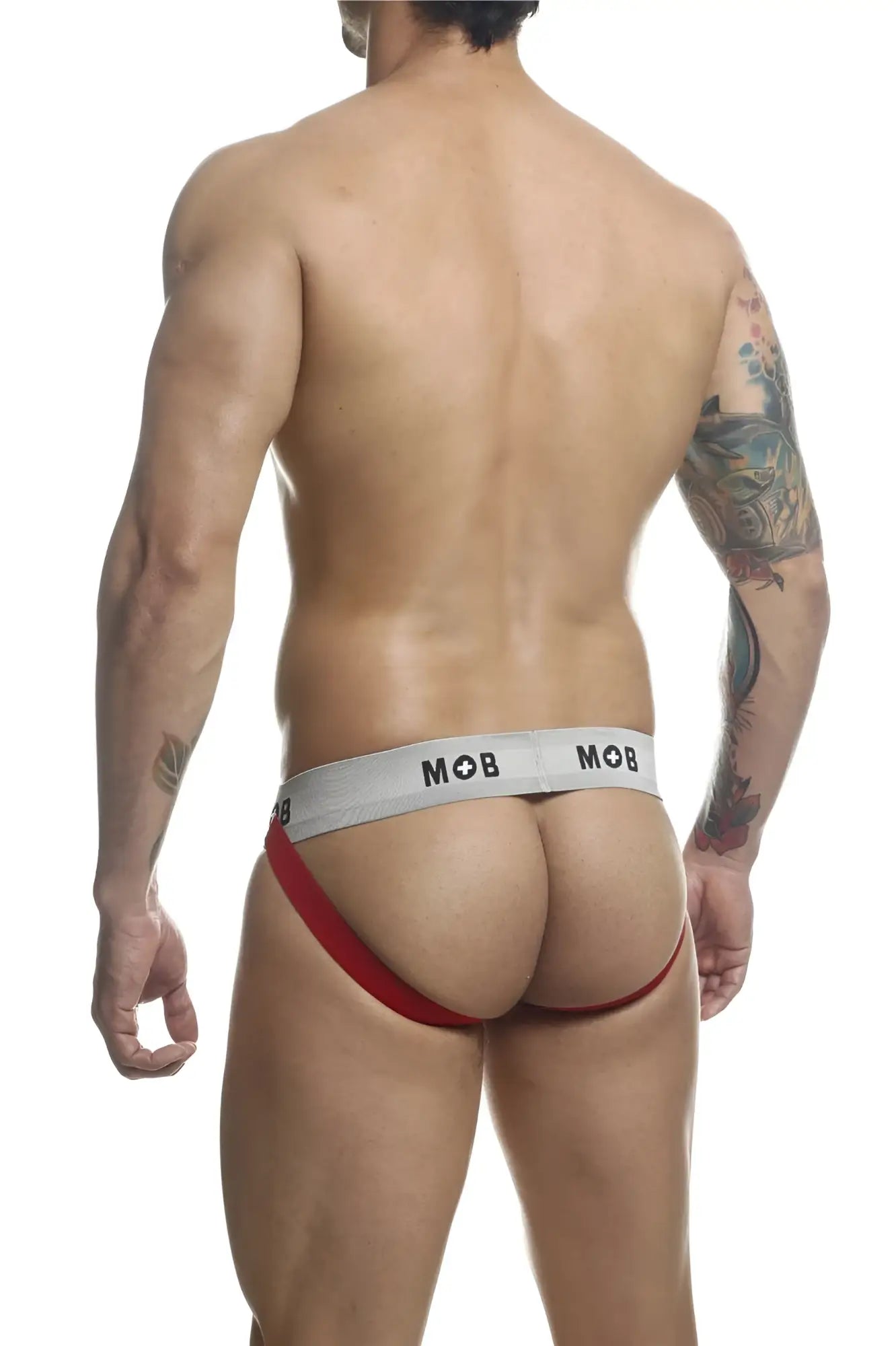 Red and gray malebasics mbl107 mob classic fetish jockstrap with 3 inch straps shown from the back side