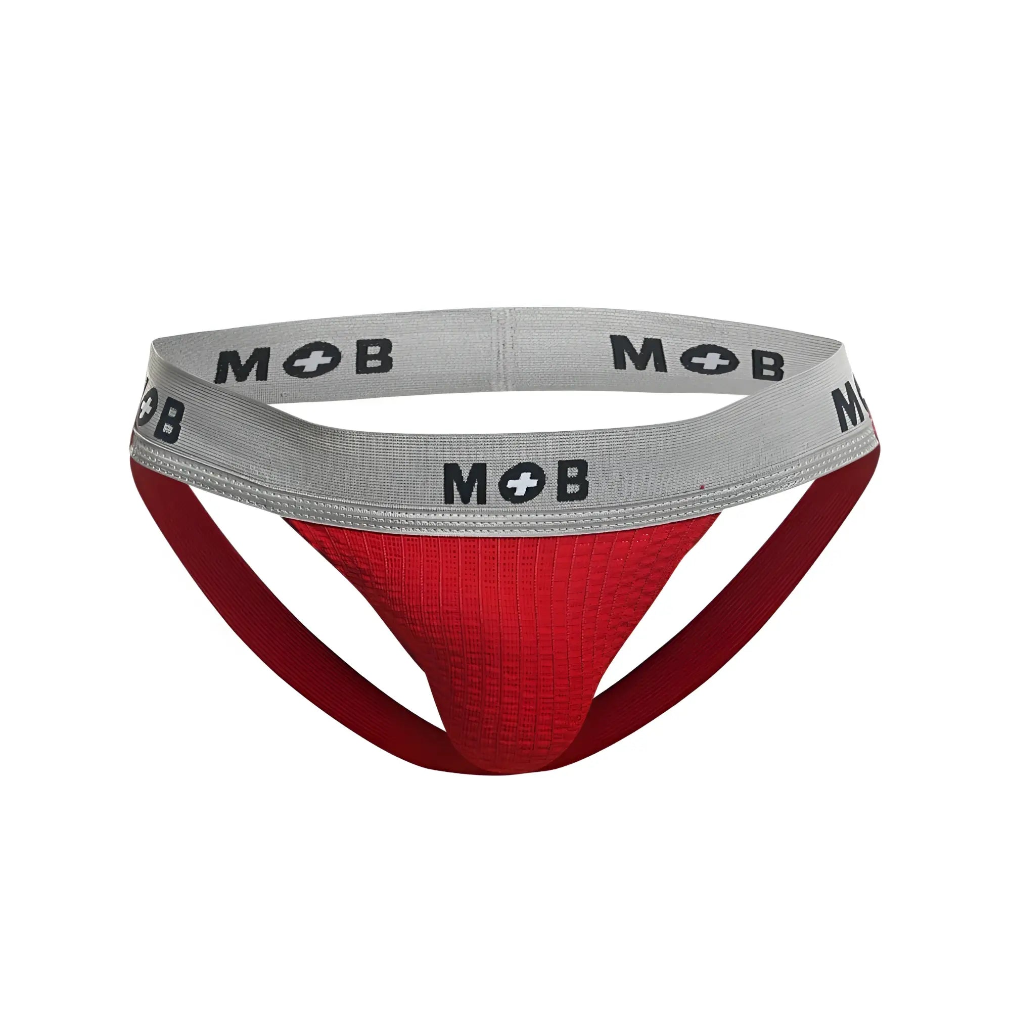 Red textured male basics mbl107 mob classic fetish jockstrap with gray waistband and mob branding in red