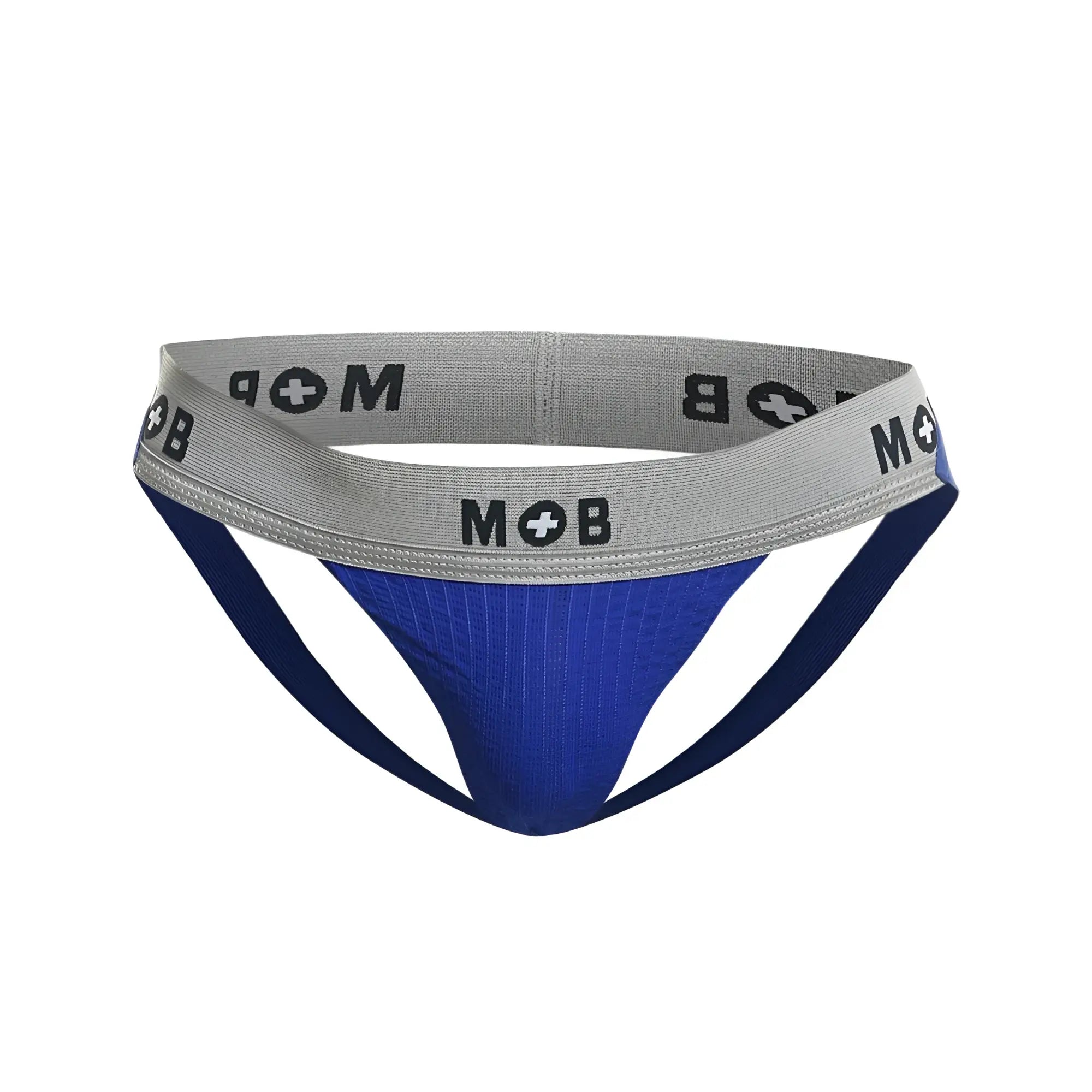 Blue and gray ribbed athletic briefs with mob logo on waistband MaleBasics MBL107 MOB classic fetish jockstrap royal color