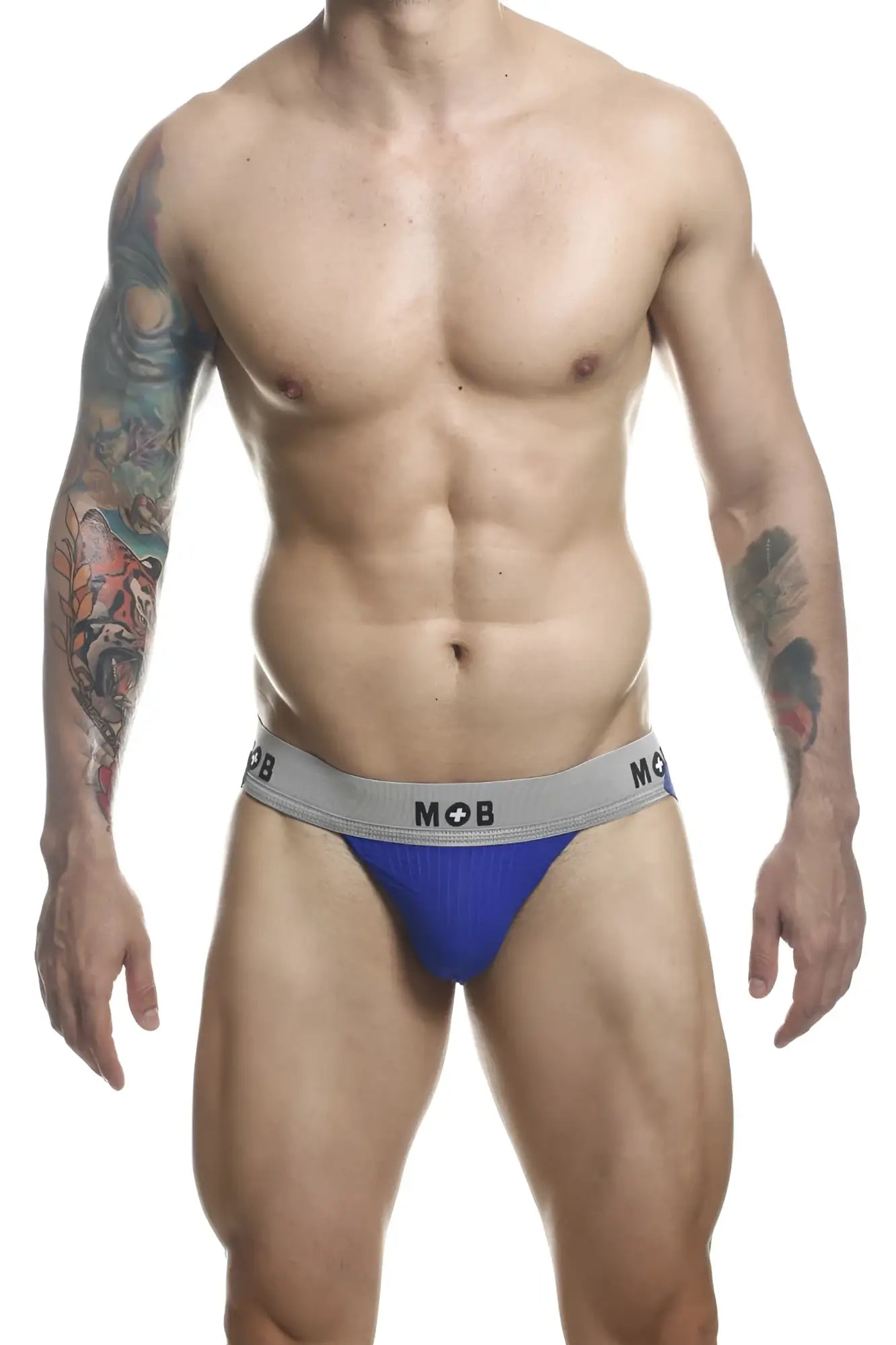 Blue and gray malebasics mbl107 mob classic fetish jockstrap with a snug fit in royal color front view