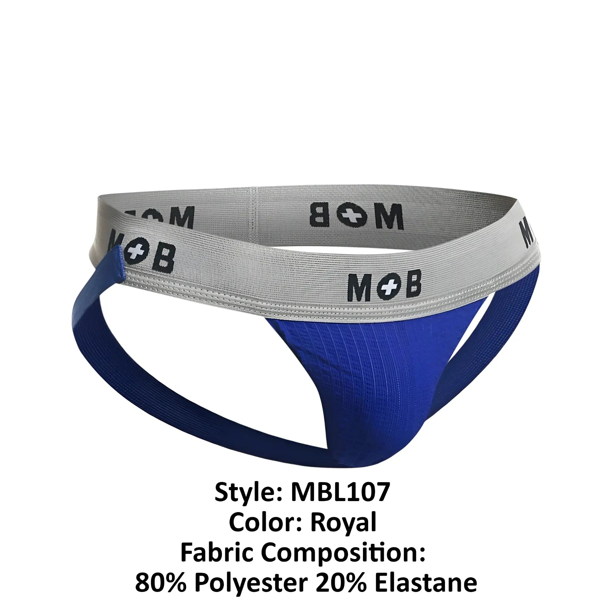 Royal blue athletic brief with gray waistband and black mob branding from malebasics mbl107 mob classic fetish jockstrap