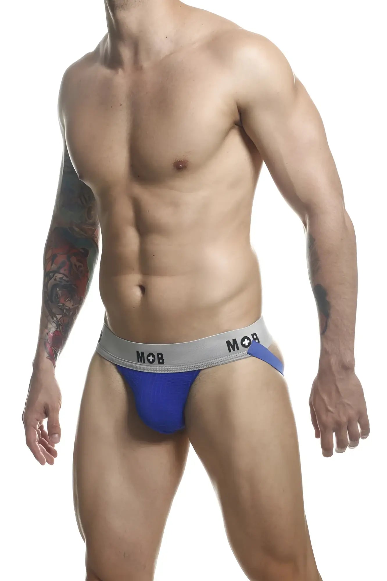 Malebasics mbl107 mob classic fetish jockstrap in royal blue and gray with a snug fit and 3 inches strap length