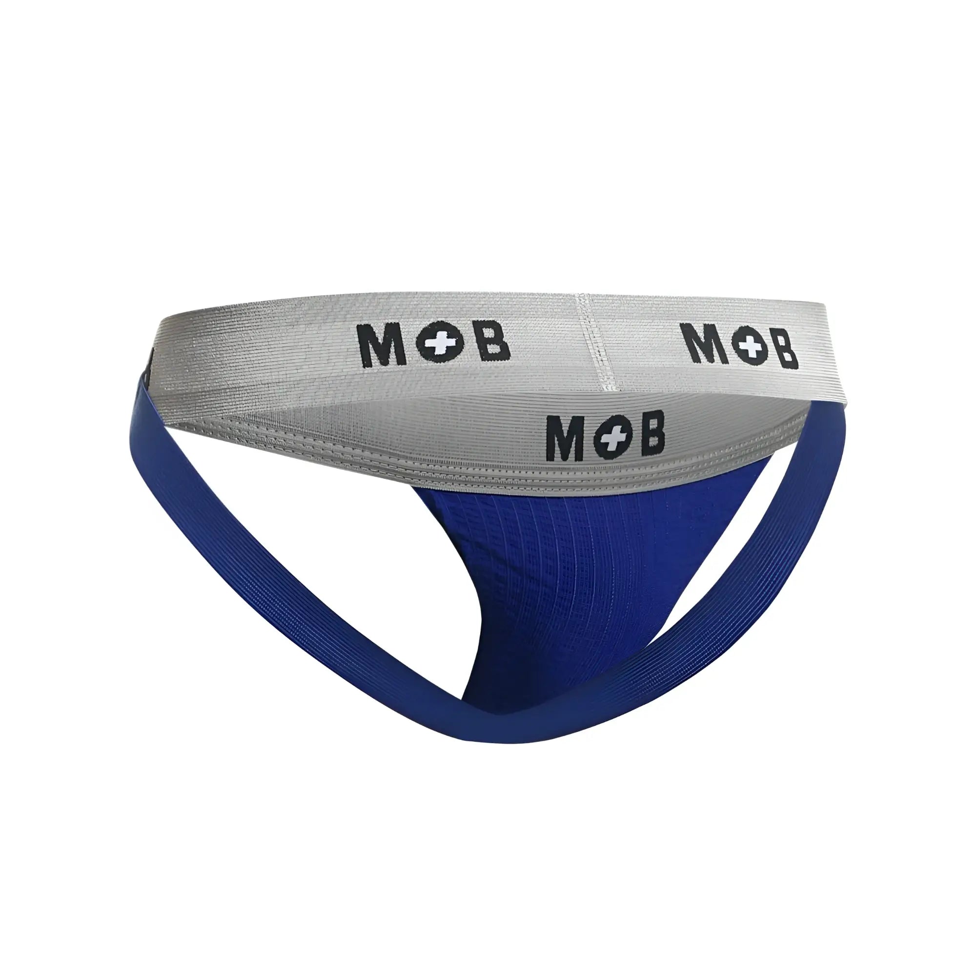 Blue malebasics mbl107 mob classic fetish jockstrap with gray waistband and black mob logo in royal color