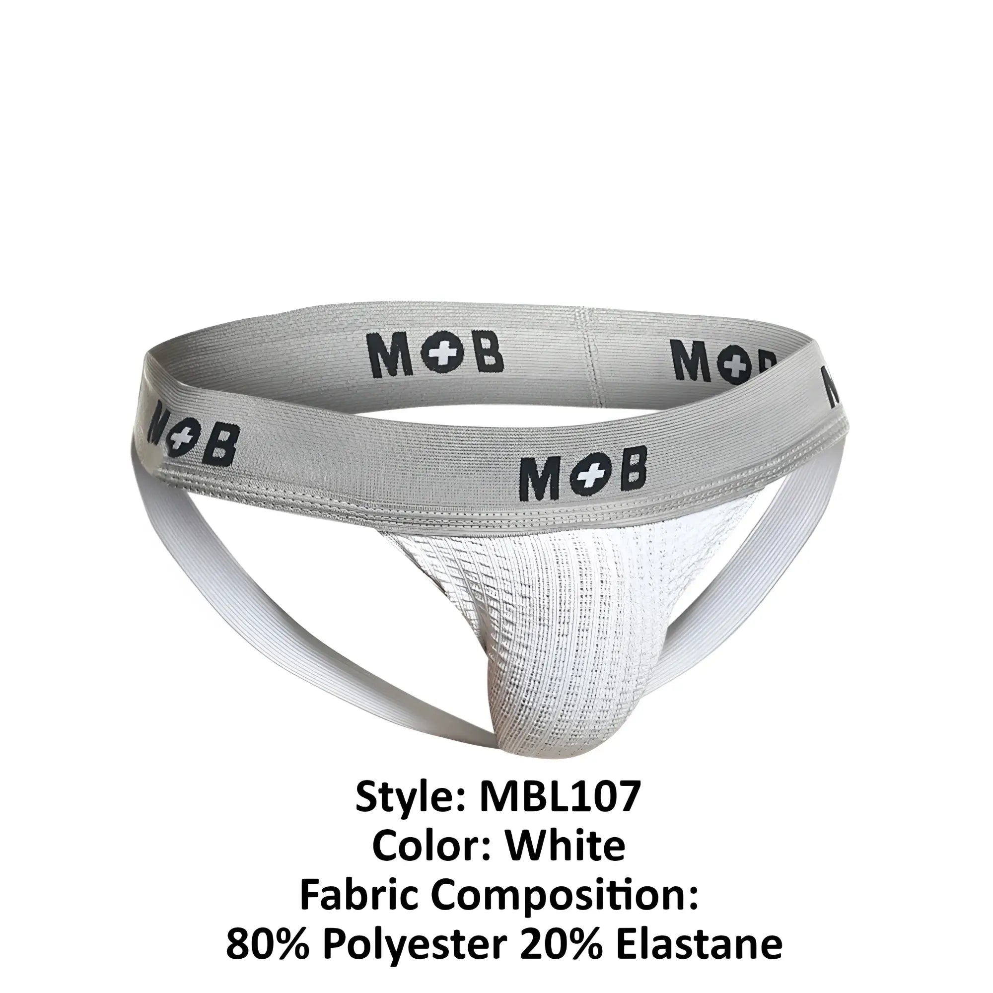 White malebasics mbl107 mob classic fetish jockstrap with gray waistband logo made of 80 polyester 20 elastane