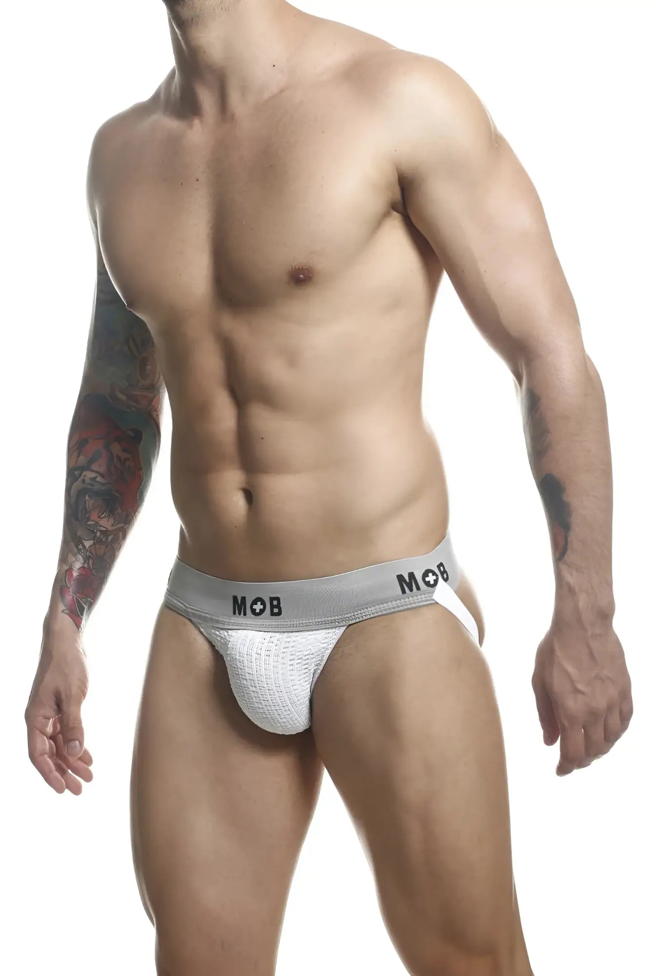 White textured mesh briefs with gray mob branded waistband from Malebasics MBL107 classic fetish jockstrap in white