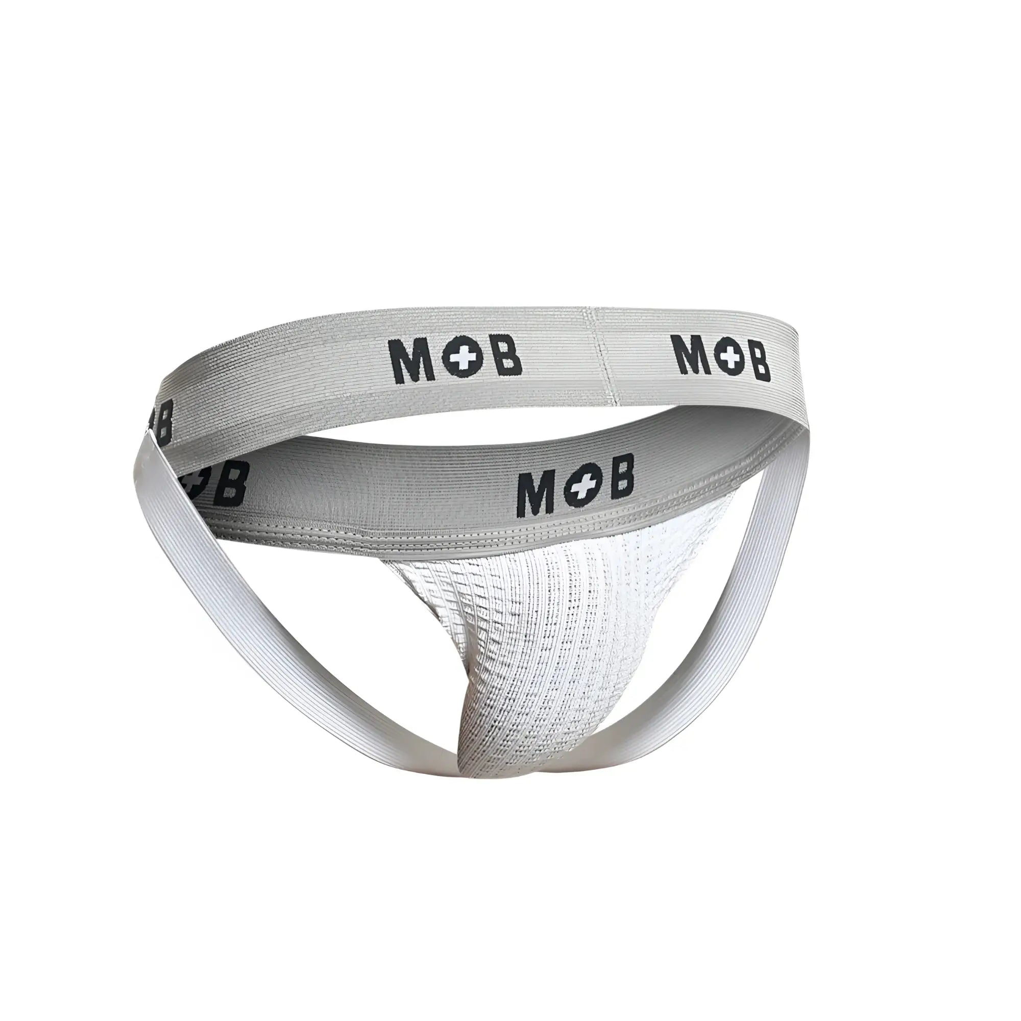 Gray and white malebasics mbl107 mob classic fetish jockstrap with textured front panel and mob logo waistband