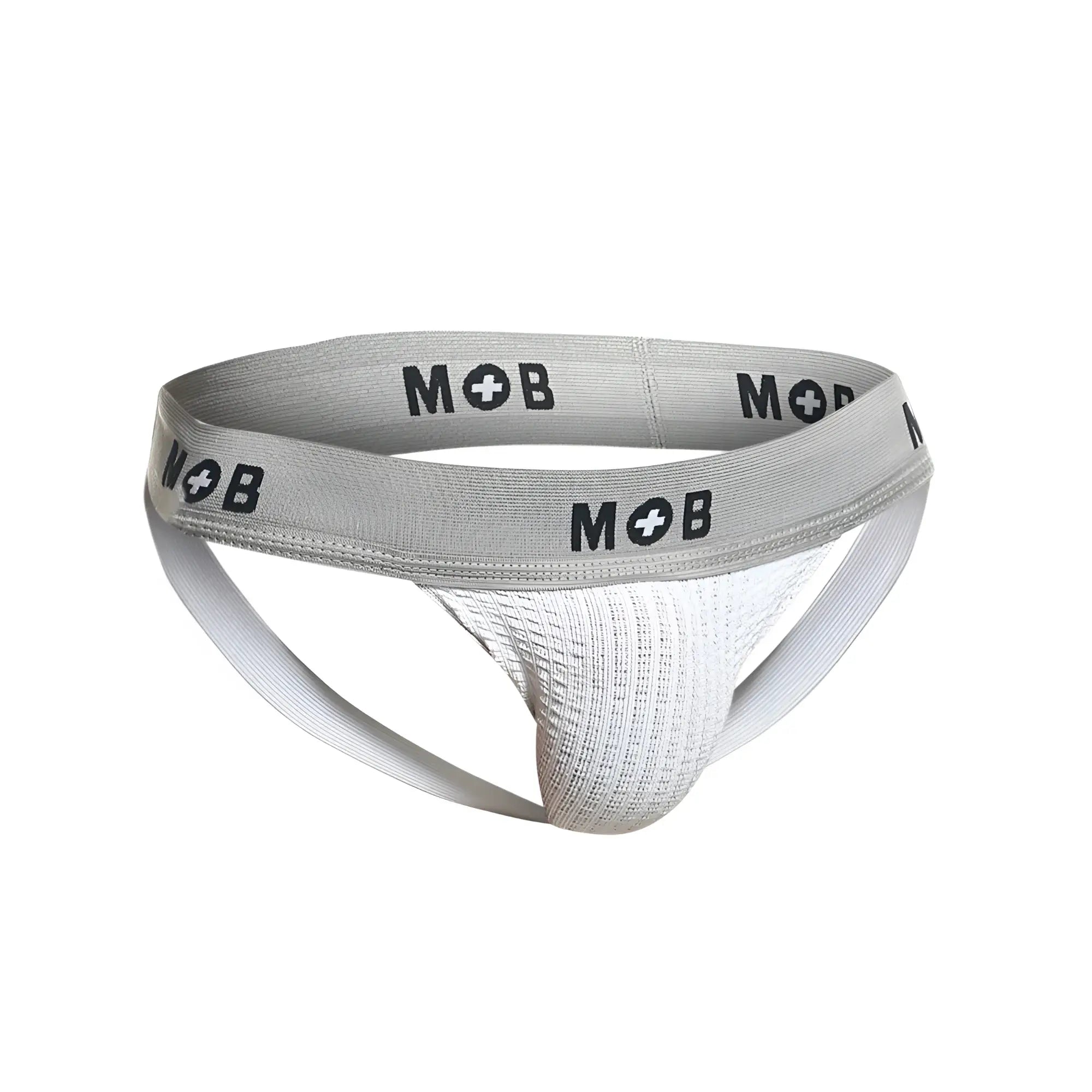 Gray mob brand athletic briefs with a textured white interior and elastic waistband with mob logo in white color